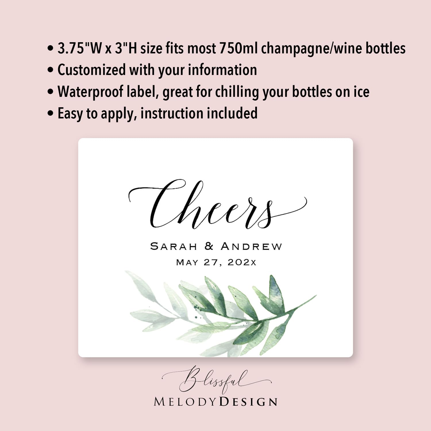 Custom Greenery Champagne Bottle Labels (6-Pack) - Waterproof Wine Bottle Stickers for Weddings, Anniversaries, Bridal Showers, Birthdays & Graduations - Perfect for Party Decorations & Special Event Celebrations