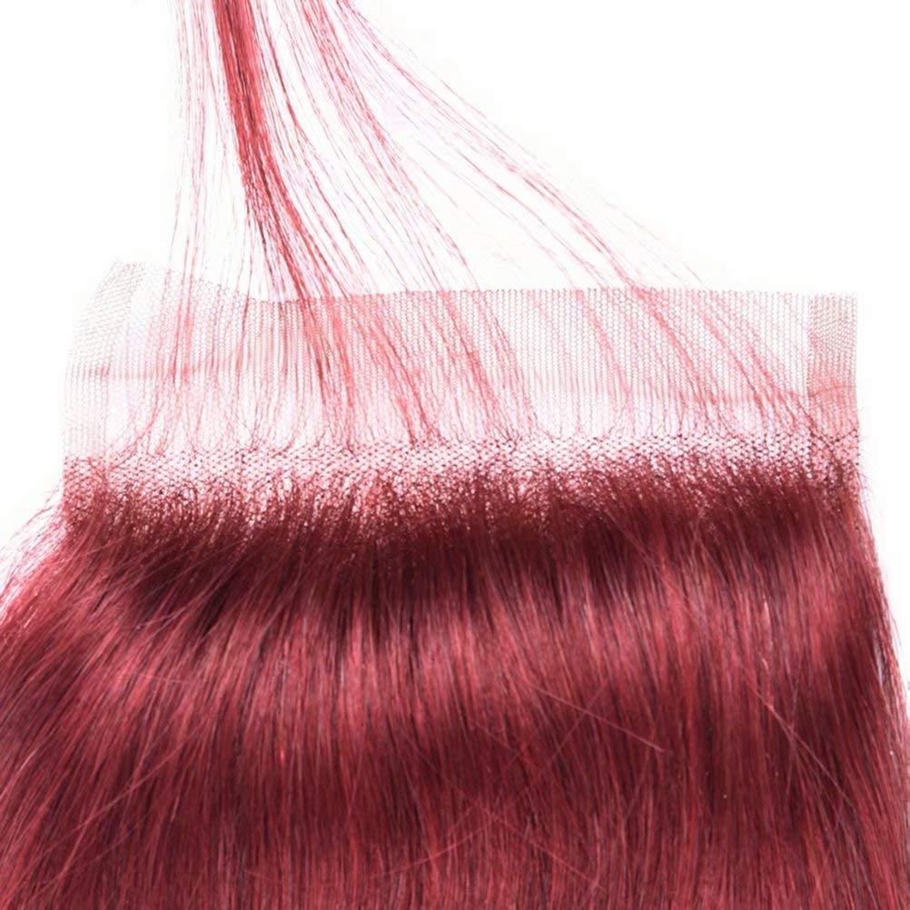FEEL ME Straight Peruvian Human Hair 3 Bundles with Closure - Color 33 Virgin Peruvian Silky Straight Hair Extensions (18 20 22+18) - Light Auburn Red Remy Hair Weave for Daily Styling & Special Occasions