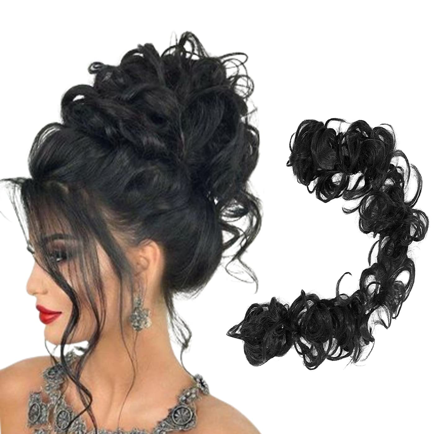 Pelo Synthetic Bridal Hair Extensions – Stretchable Frill Clip for Volume & Wavy Messy Bun | Ponytail Maker Styling Tool for Women & Girls (Black, Pack of 1) – Perfect for Weddings, Parties & Everyday Glam