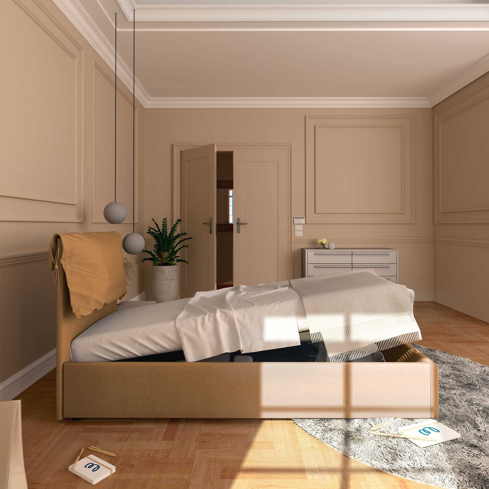 Baldiflex Licia Soft Single Bed Frame with Storage, Synthetic Leather Upholstery, Slatted Base for Single Mattress, 90 x 190 cm, Extra Padded Headboard, Light Brown - Perfect for Small Bedrooms, Guest Rooms & Studio Apartments