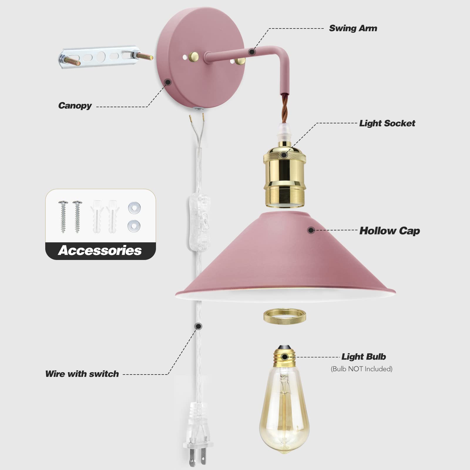 Modern Plug-in Wall Sconces 2-Pack - Pink E26 Wall Lamp with Cord, Adjustable Plug-in Wall Lighting Fixture for Bedroom, Living Room & Hallway Decor
