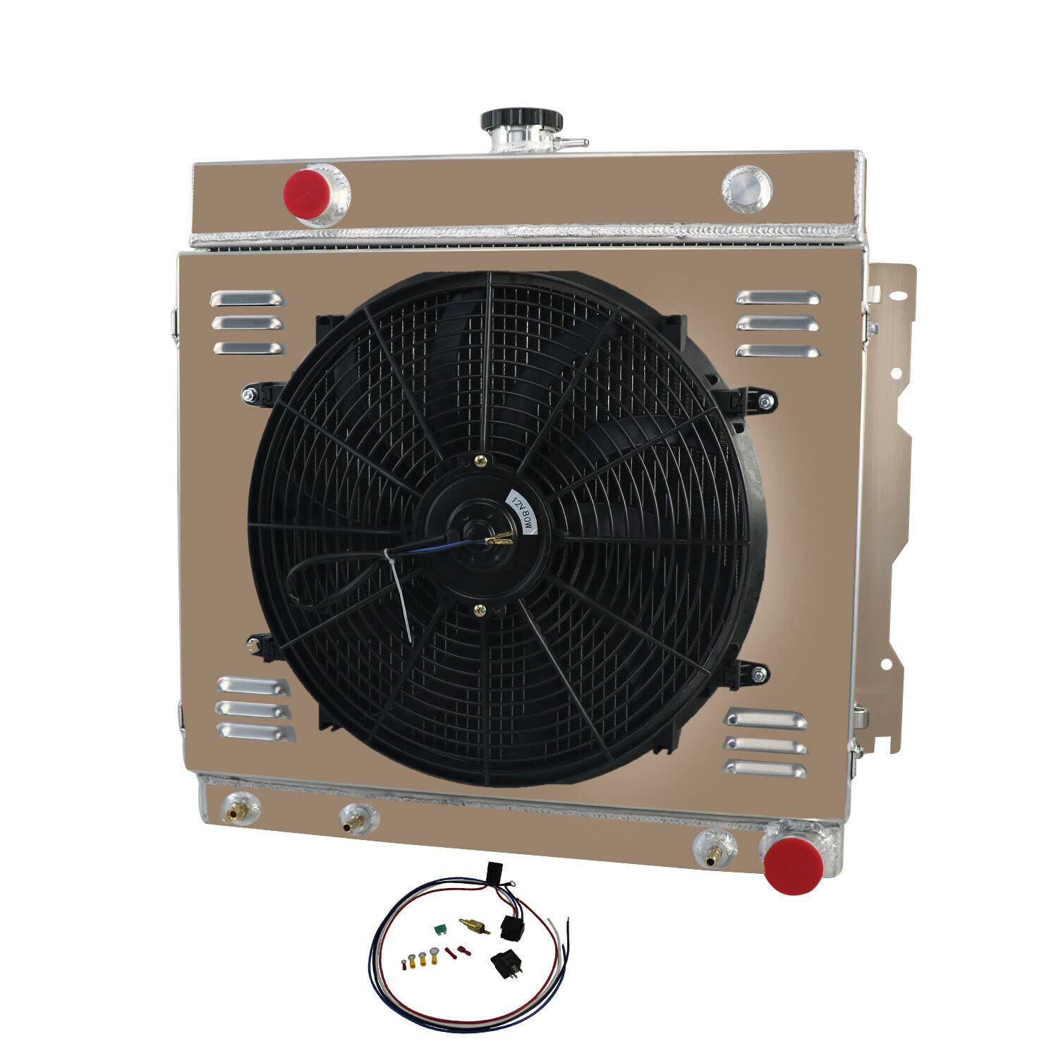 4 Row Aluminum Radiator for Dodge D100 D200 D300 B100 B200 B300 Van W100 W200 W300 Trucks (1970-1979) - Complete Cooling Kit with Shroud, Fan & Relay - Perfect for Restoration & Off-Road Use
