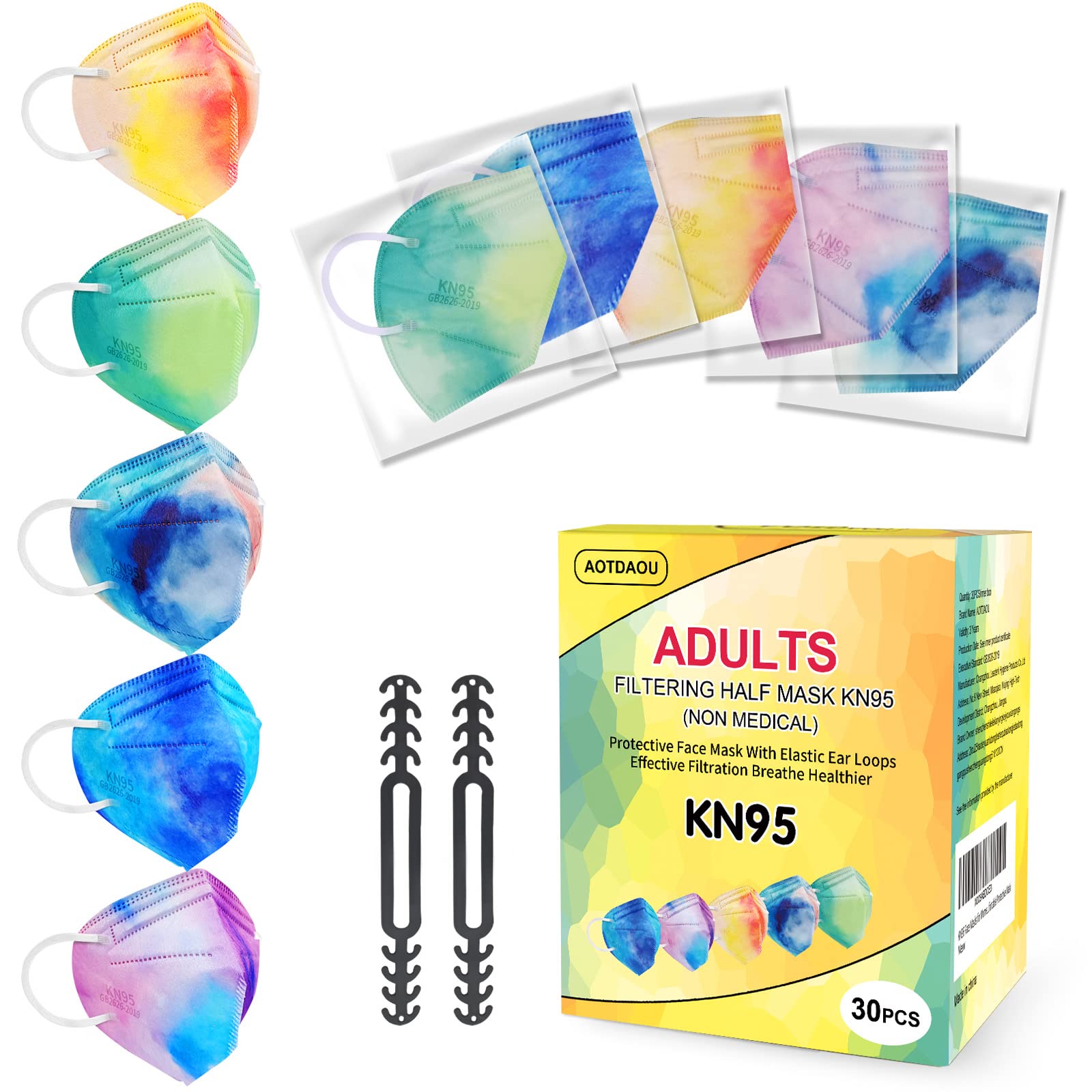 KN95 Face Masks for Women & Men - 30 Pack Individually Wrapped Tie-Dye Design, 5-Ply Breathable Comfortable Protective Masks for Daily Use, Work & Travel