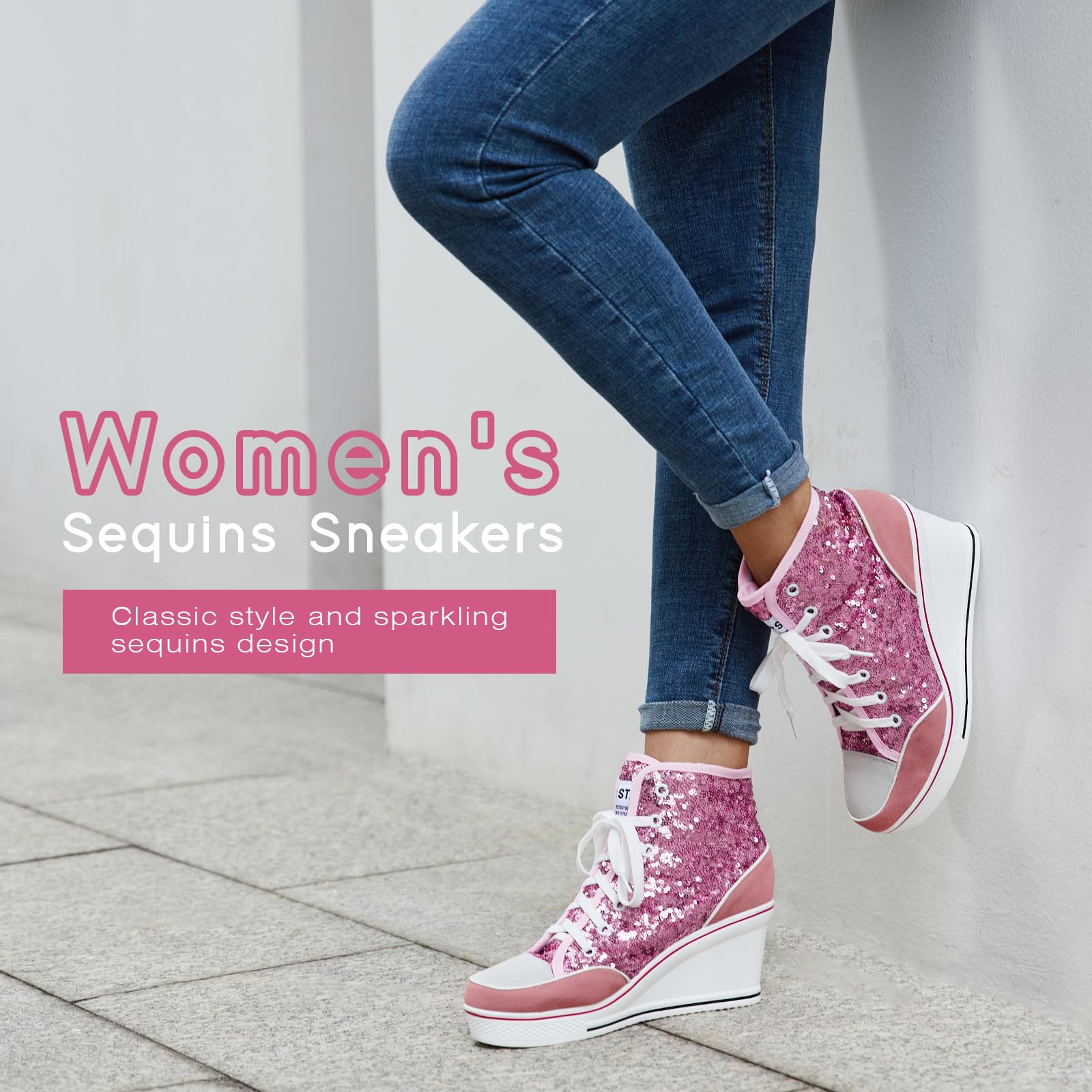 Sparkly Sequin High Top Lace Up Sneakers for Women - Glitter Platform Wedge Wedding Dressy Tennis Shoes | Perfect for Parties, Prom, Bridal Events & Casual Wear