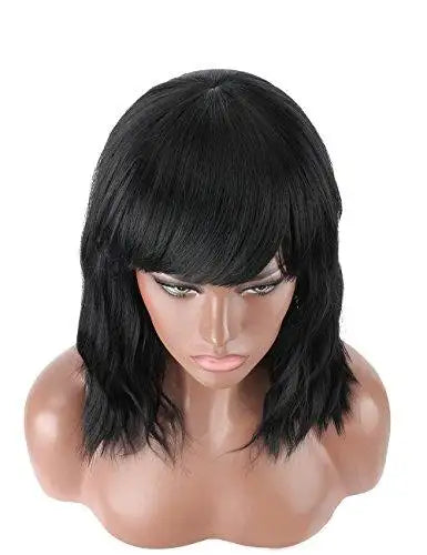 Heat Resistant Synthetic Wavy Mid-Length Wig with Bangs - Perfect for Cosplay, Daily Wear & Special Occasions
