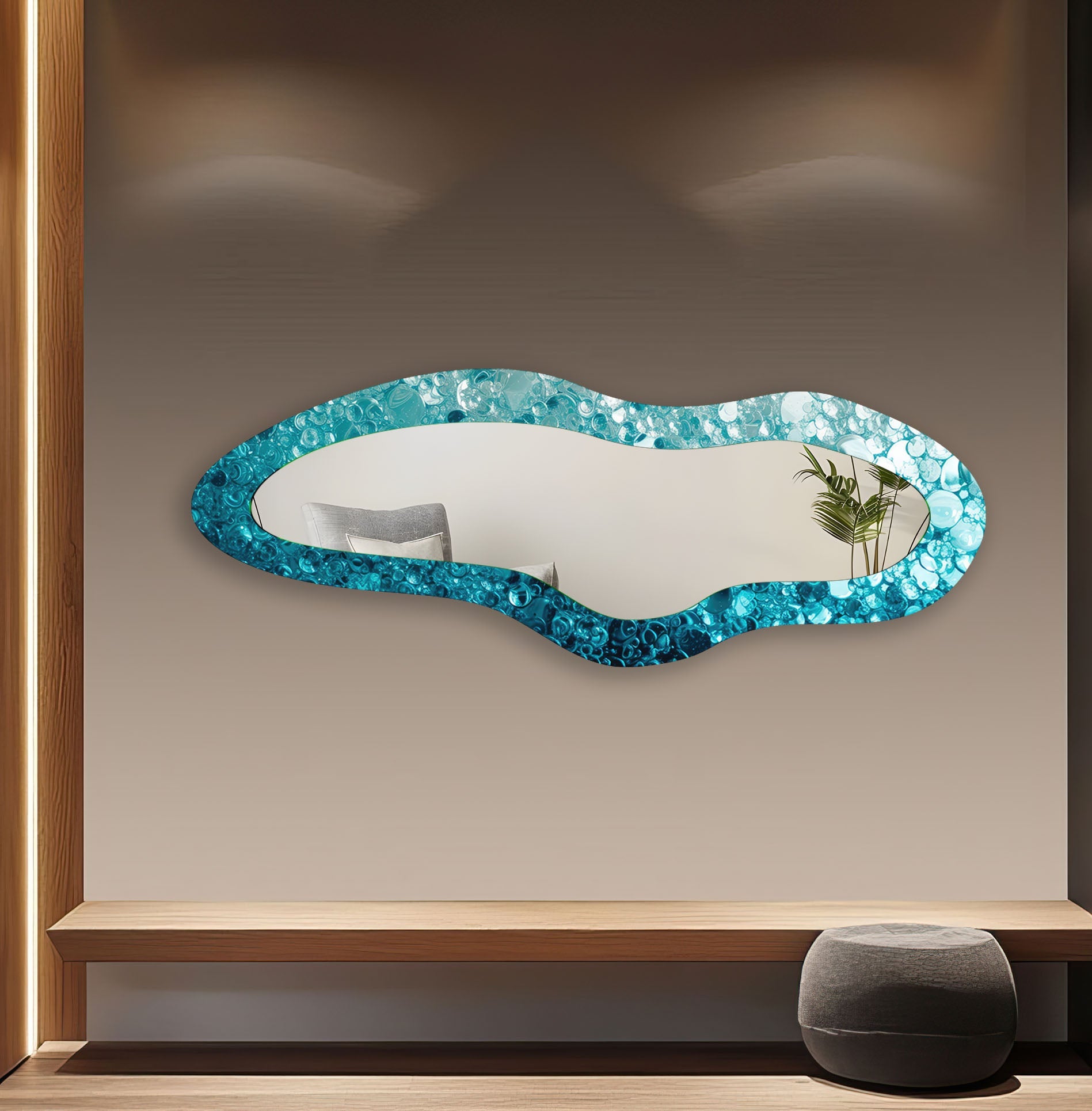 Blue Irregular Shaped Glass Wall Mirror - Unique Decorative Mirror for Living Room, Bedroom & Bathroom - Modern Home Decor