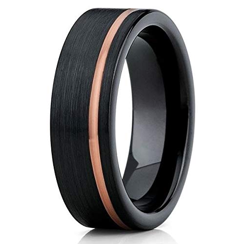 Rose Gold Tungsten Wedding Band for Men & Women - 8mm Black Tungsten Ring with 18K Rose Gold Plating - Comfort Fit Anniversary & Engagement Ring for Couples - Perfect for Weddings, Proposals & Special Occasions