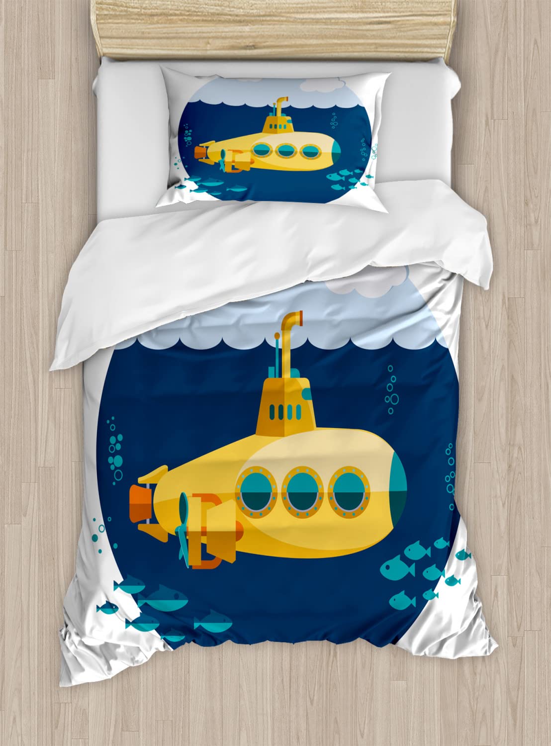 Ambesonne Yellow Submarine Duvet Cover Set - Twin Size 2-Piece Bedding with 2 Pillowcases, Underwater Theme Featuring Submarine, Fish & Clouds in Earth Yellow & Navy Blue - Perfect for Kids' Rooms, Nautical Decor & Beatles Fans