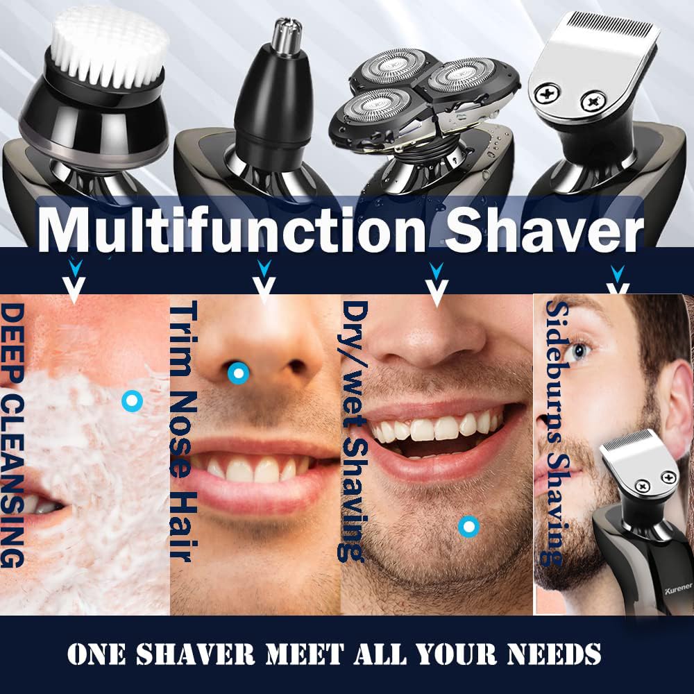 Rechargeable Electric Shaver for Men - 100% Waterproof Rotary Shaving System with Nose Trimmer, Sideburns Trimmer & Face Cleaning Brush - Perfect for Travel, Gym & Daily Grooming