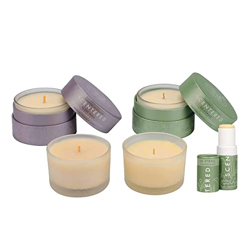 Scentered Aromatherapy Gift Set - Lavender Scented Candles & Stress Relief Balm for Sleep & Relaxation | 4 Travel Size 3oz Candles (2 Boxed + 2 Loose) + 1 De-Stress Balm | Perfect for Bedtime, Yoga, Meditation & Self-Care Gifts