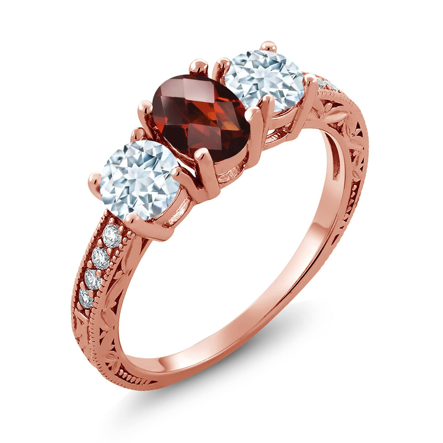 2.12 Ct Oval Red Garnet & Sky Blue Aquamarine Moissanite Ring in 18K Rose Gold Plated Silver - Elegant Gemstone Jewelry for Weddings, Anniversaries & Special Occasions