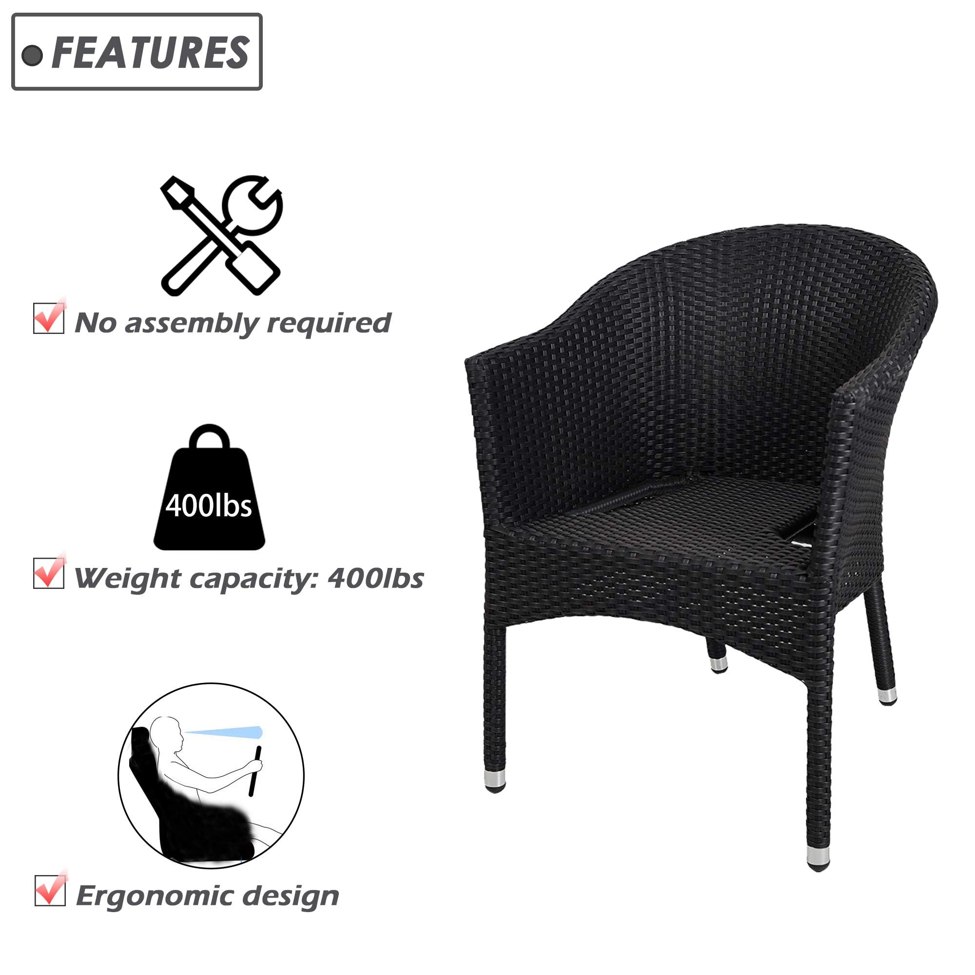 LUCKYERMORE Outdoor Wicker Dining Chairs with Soft Cushions - Stackable Rattan Plastic Armchairs for Patio, Garden, Lawn & Home Furniture (Black) | Perfect for Backyard BBQs, Poolside Lounging & Al Fresco Dining