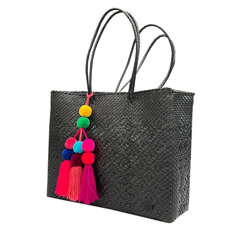 Eco-Friendly Handmade Woven Tote Bag - Large Recycled Plastic Beach Bag & Market Tote - Stylish Colorful Carryall for Shopping, Travel & Daily Use - BRISLA BAG in Black
