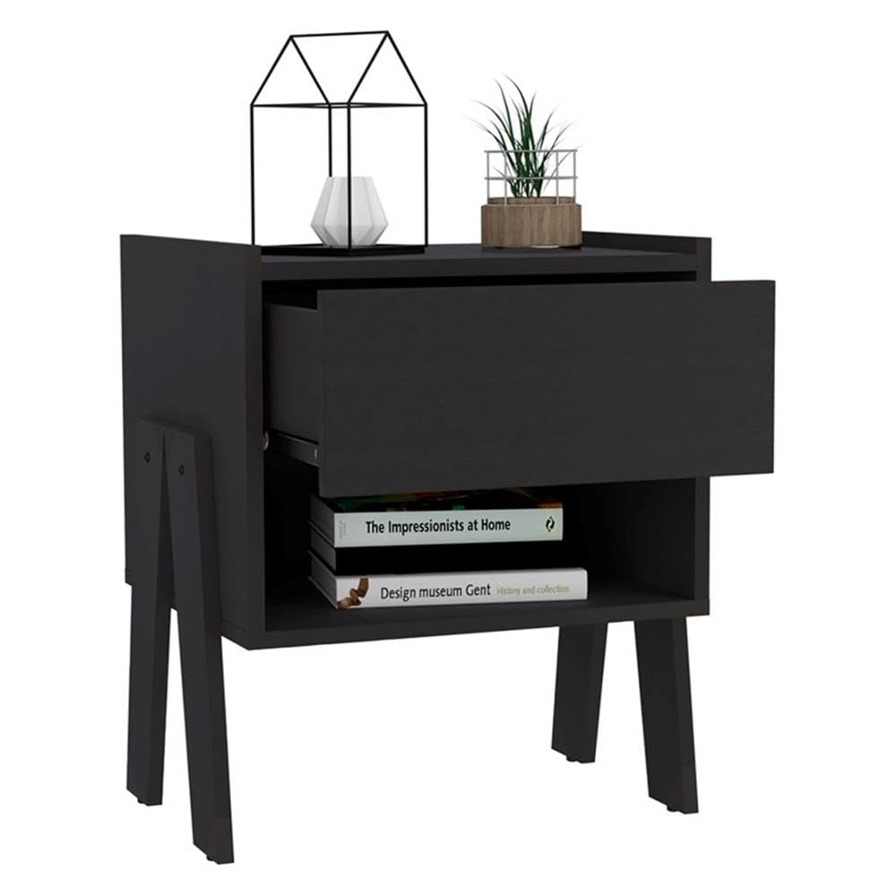 TUHOME Joy Nightstand - Black Engineered Wood Bedside Table with Storage Shelf | Perfect for Bedroom, Guest Room, or Dormitory
