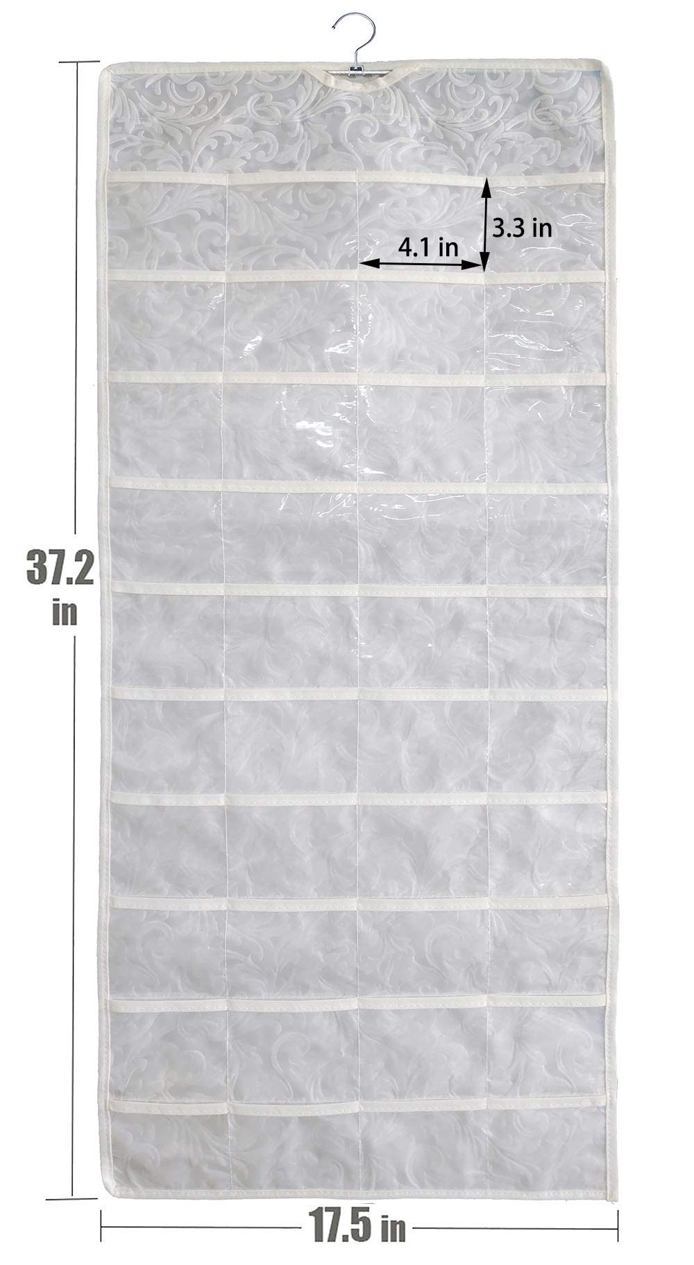 Double Sided Hanging Jewelry Organizer with 80 Clear PVC Pockets - Embossed Pattern Jewelry Storage for Necklaces, Earrings & Bracelets - Perfect for Closet, Bathroom & Travel Organization (White)
