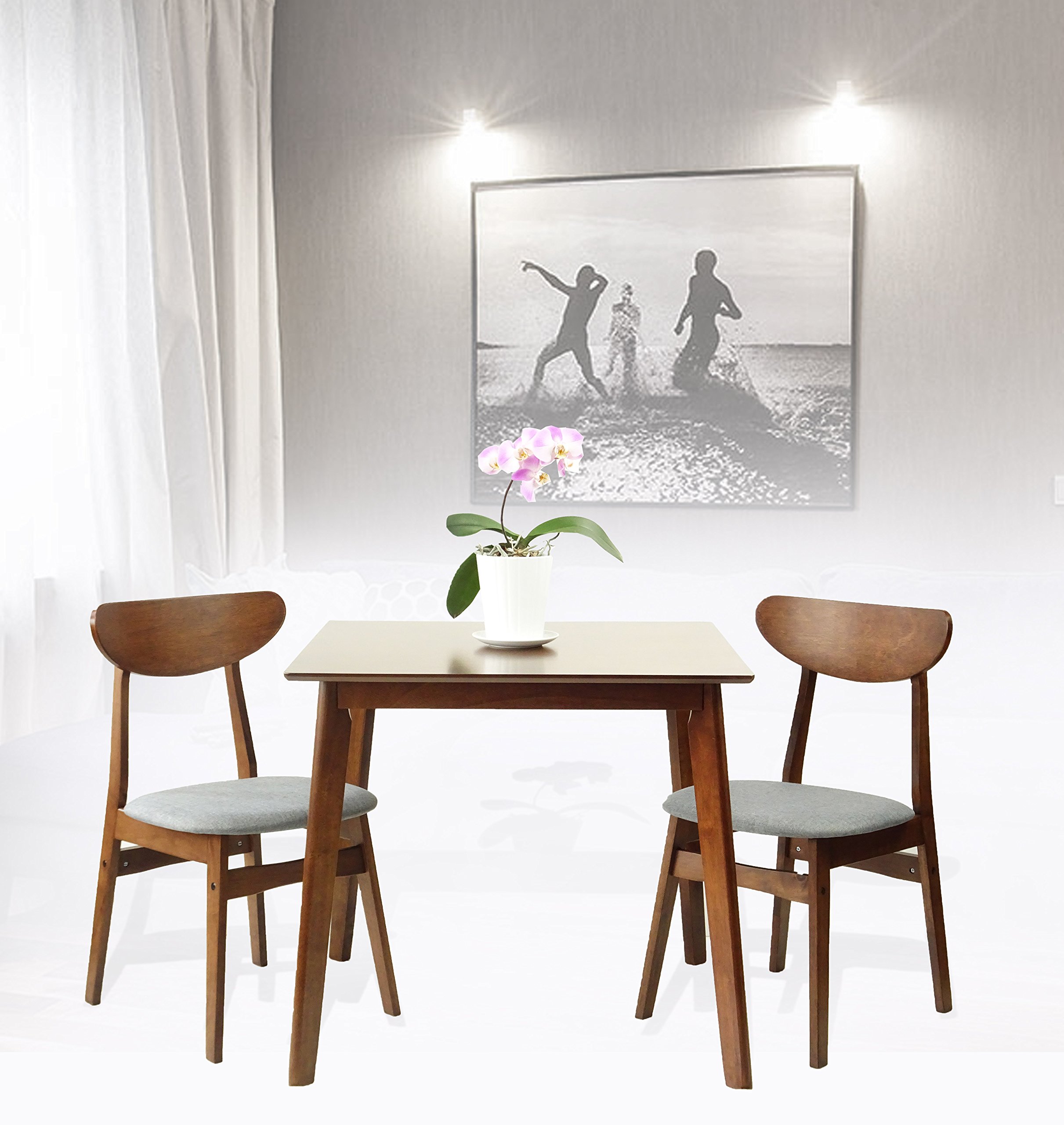 Modern Solid Wood Wickerix Dining Set - 2 Yumiko Chairs & Square Table with Padded Seats (White Frame & Light Gray Cushion) | Perfect for Kitchen, Breakfast Nook & Small Space Dining Areas
