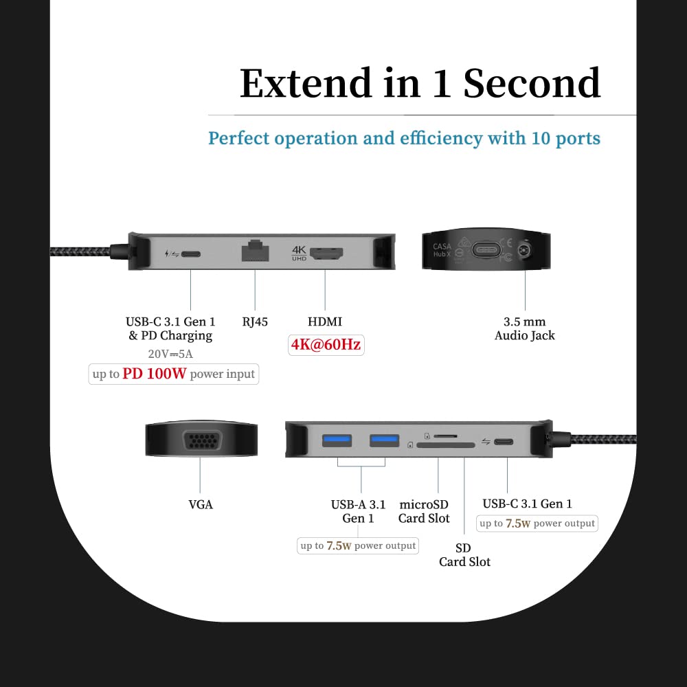 ADAM elements 10-in-1 USB-C Hub with 4K HDMI, VGA, Ethernet, 100W PD - Multiport Laptop Docking Station for MacBook Pro/Air, Dell XPS, HP, Lenovo - Perfect for Home Office, Business Travel & Remote Work