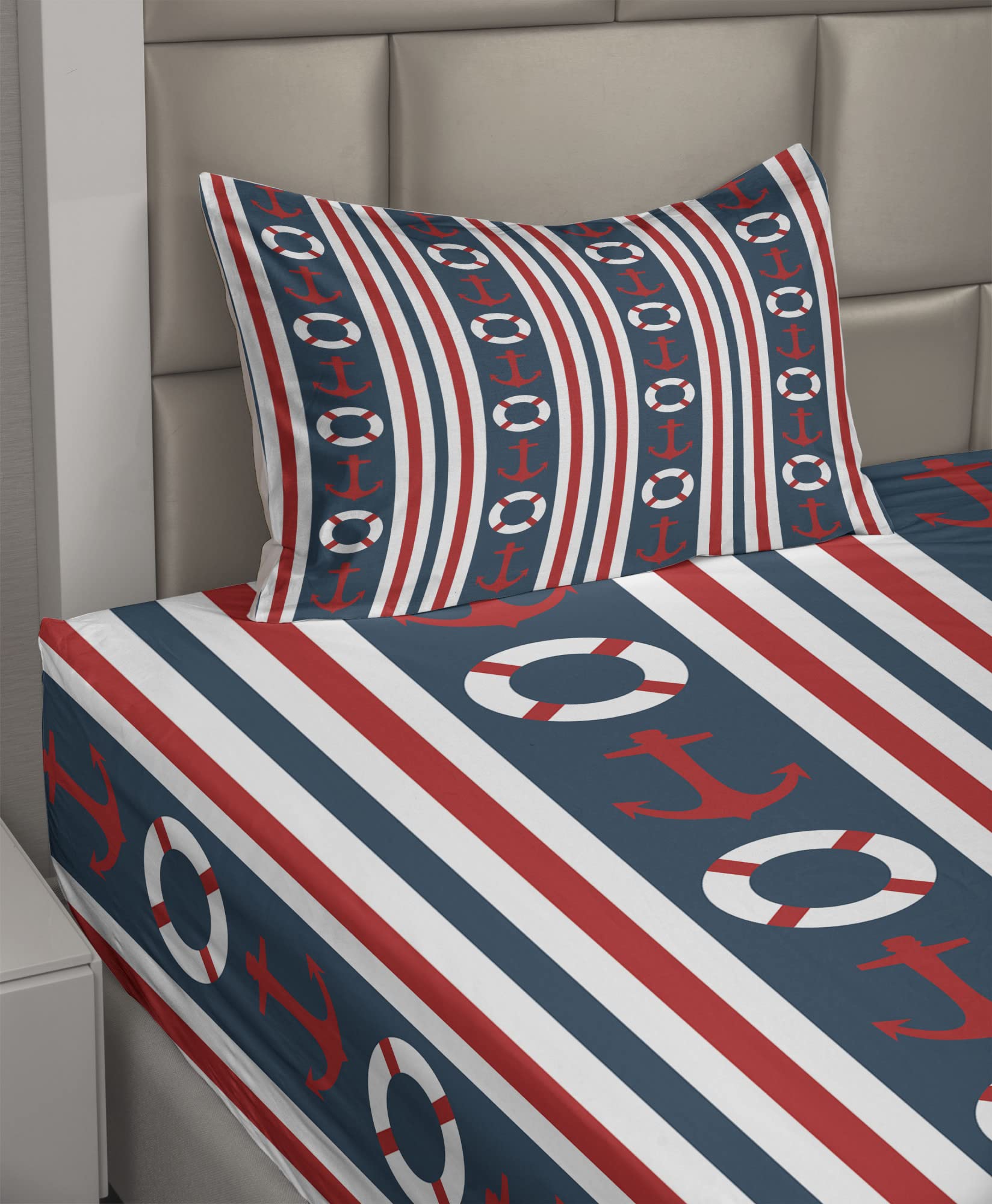 Ambesonne Nautical 3-Piece Sheet Set - Twin Size, Maritime Themed Stripes with Steering Wheel & Anchor Design, Fitted & Flat Sheets + Pillowcase (Indigo/Red/White) | Perfect for Coastal Bedrooms, Beach House Decor & Nautical Theme Bedding