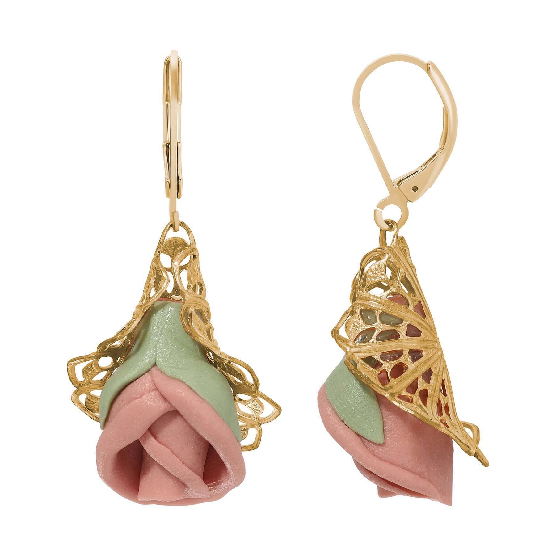 1928 Vintage Porcelain Rose Filigree Drop Earrings - Handmade Dangle Jewelry for Women, Elegant Floral Gift for Bridesmaids, Wedding, Anniversary & Special Occasions