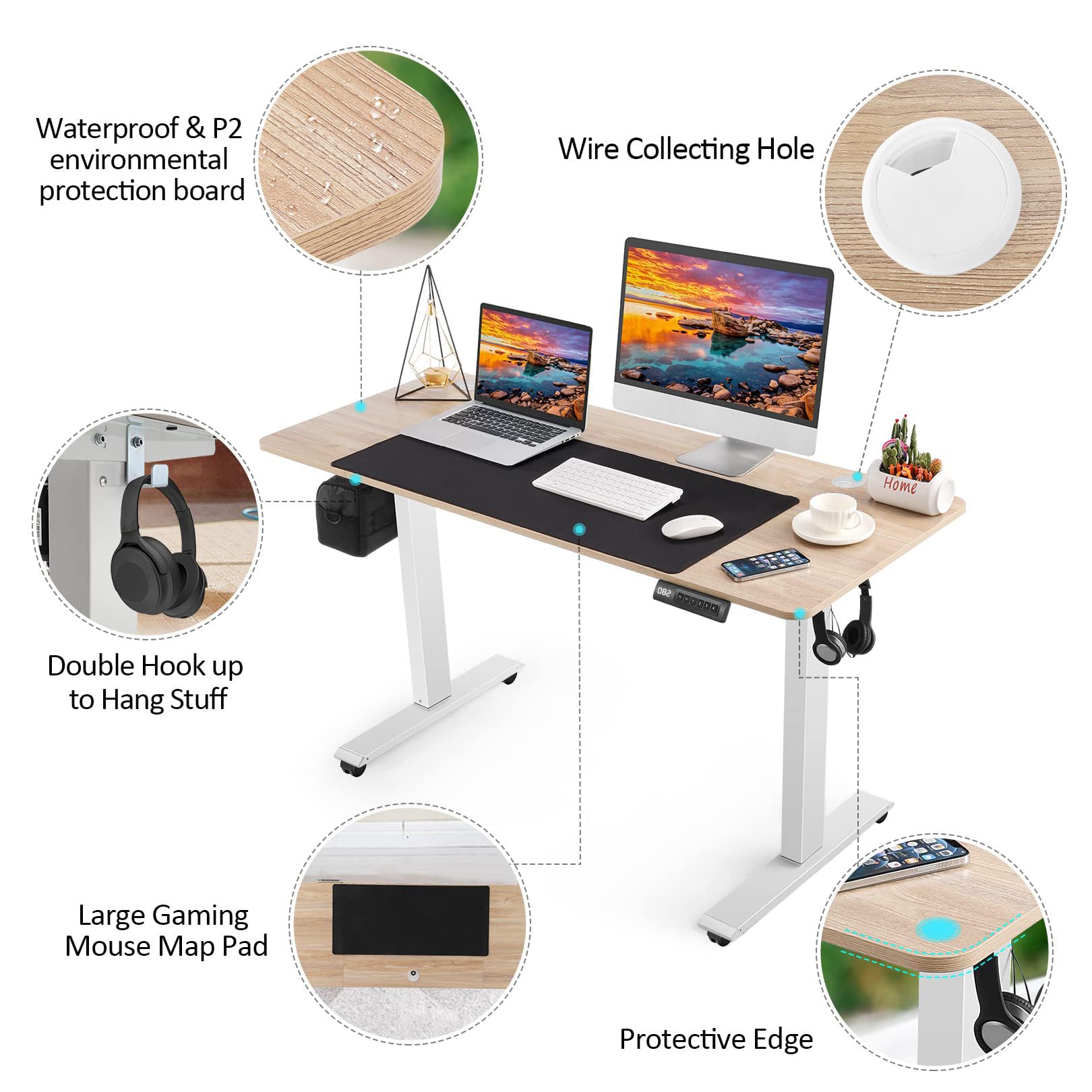 Farexon 55 x 24 Inch Electric Standing Desk with Charging Station - Adjustable Height Computer Desk with USB Ports, Power Outlets & Mouse Pad - 27