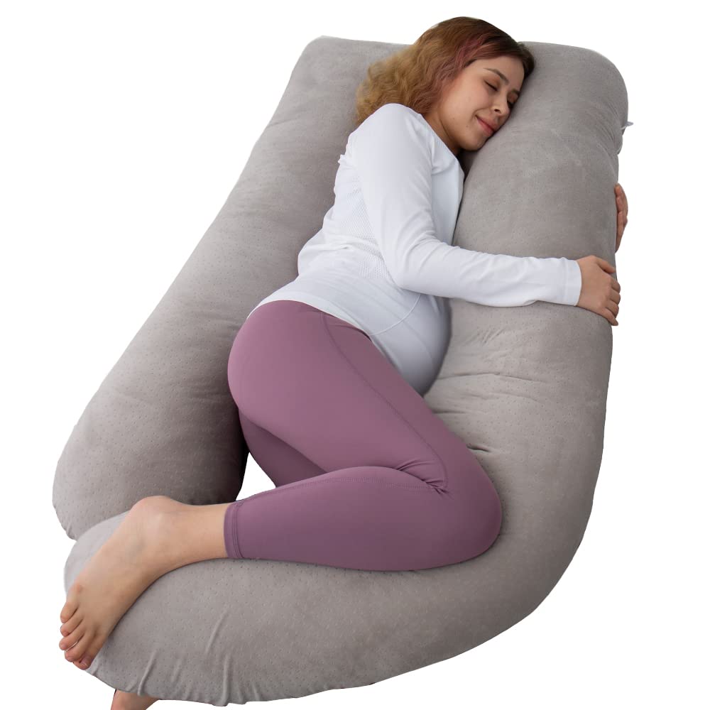 AMCATON 60 Inch Extra Large U-Shaped Pregnancy Pillow for Sleeping - Maternity Body Pillow with Soft Velour Cover (Grey) - Perfect for Pregnant Women, Back Pain Relief & Comfortable Side Sleeping