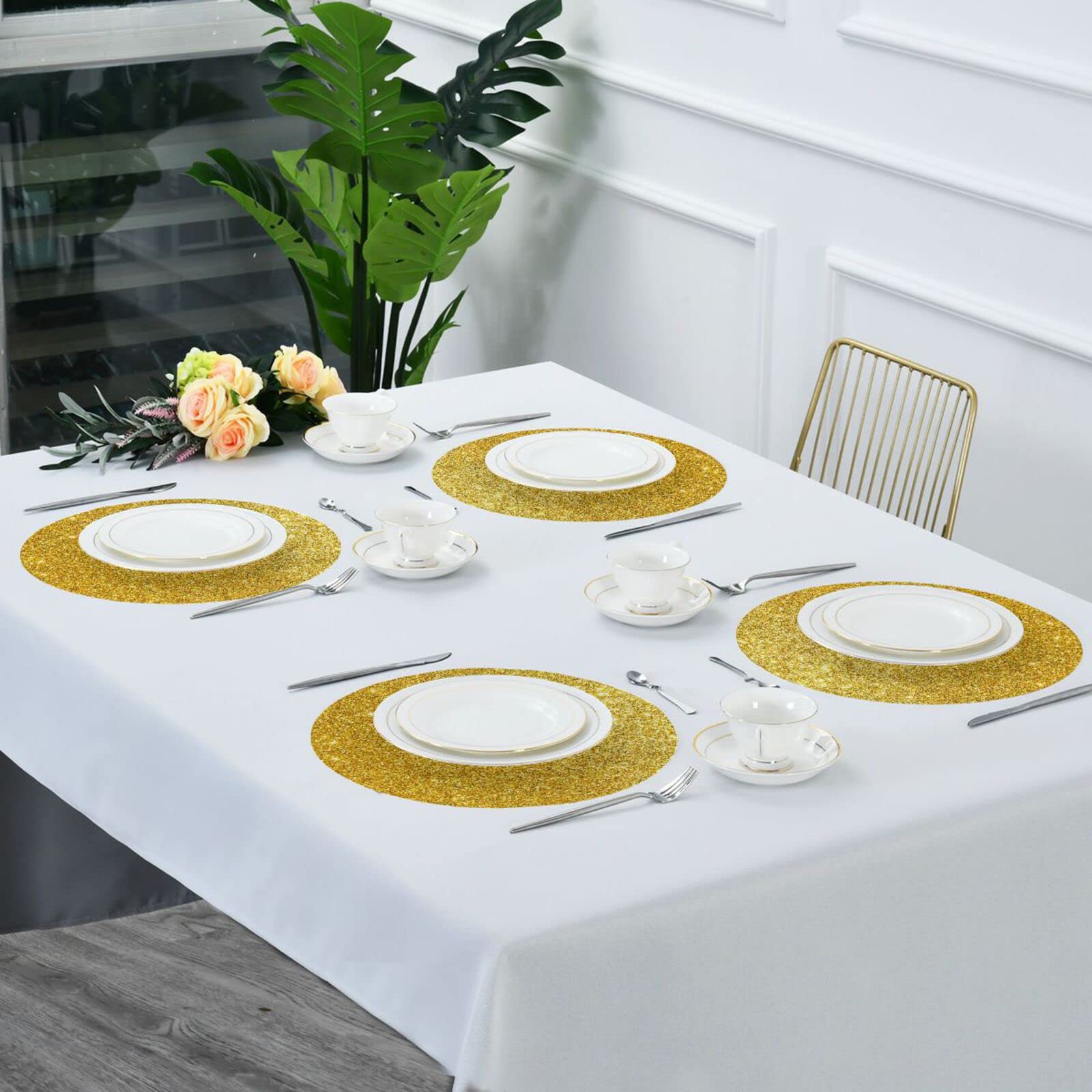 6-Pack Gold Glitter Sparkle Placemats Set - 15.4 Inch Round Sequined Table Mats for Kitchen, Kids, Christmas, Wedding Party Decor - Waterproof & Easy to Clean for Daily Use & Special Occasions