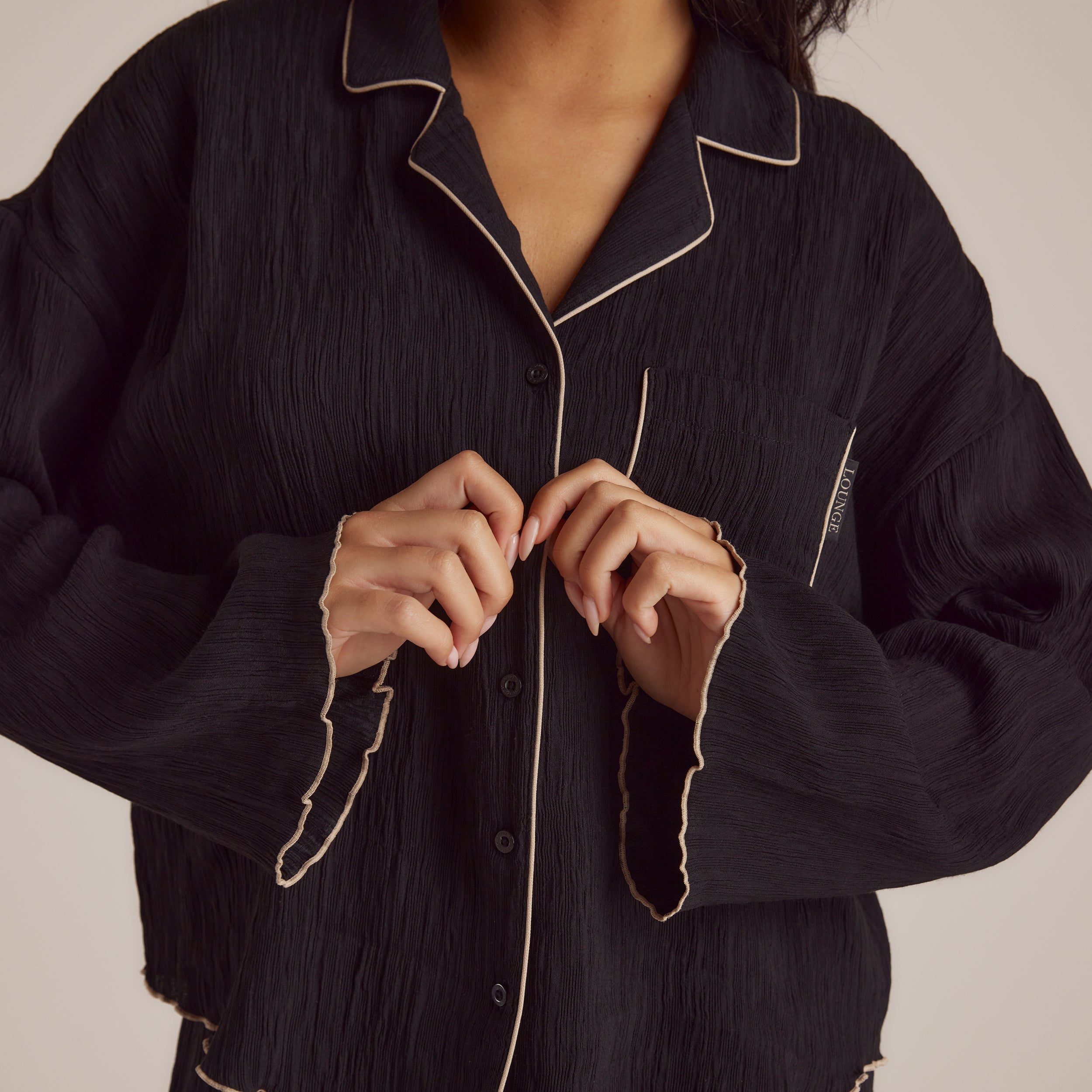 Crinkle Pajama Shirt for Women - Soft & Comfortable Black Sleepwear - Perfect for Lounge, Sleep & Relaxation at Home