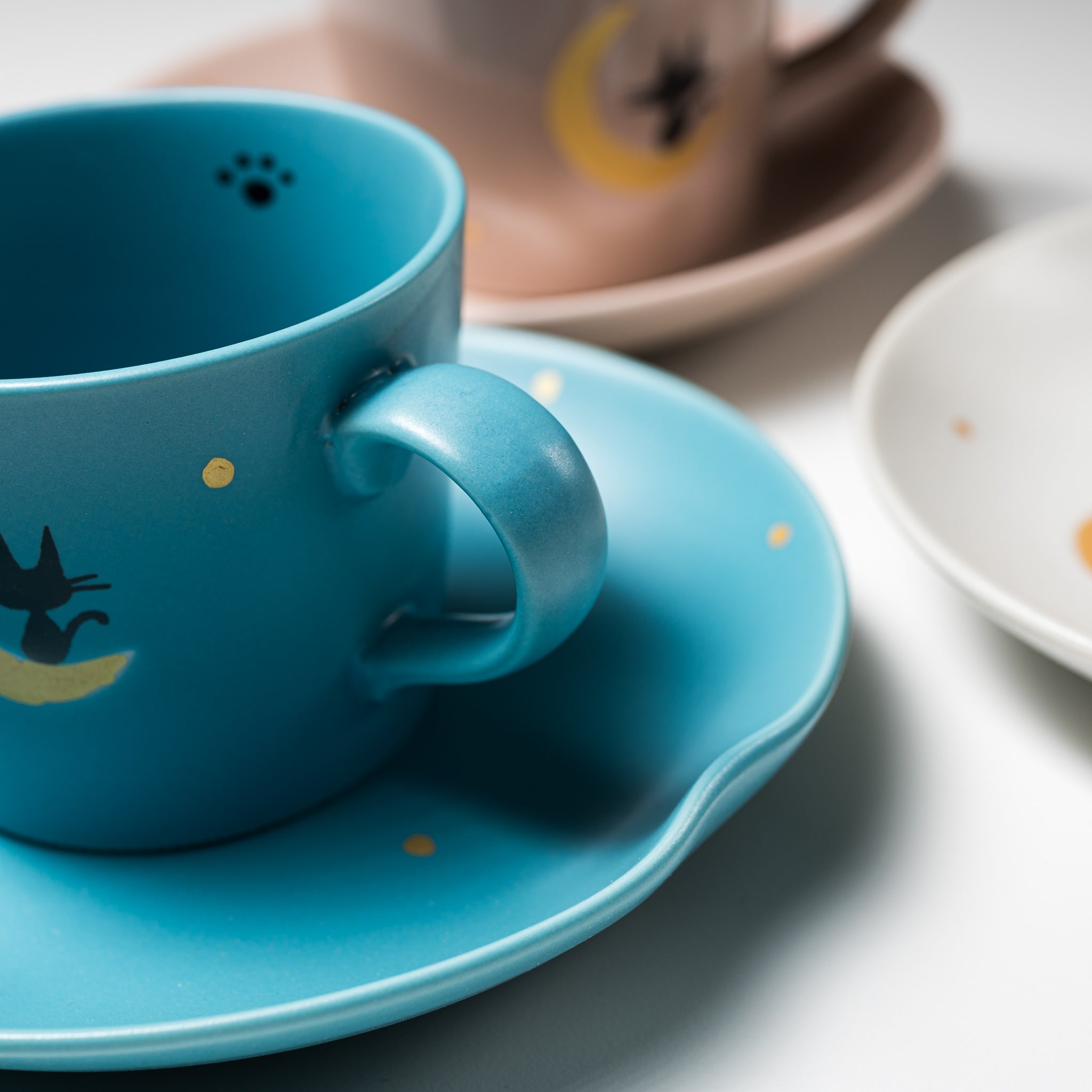 Moon and Cat Themed Cup and Saucer Set - 3 Colors (Crescent Moon Kitty Design) - Perfect for Tea Time, Coffee Breaks, and Gift Giving