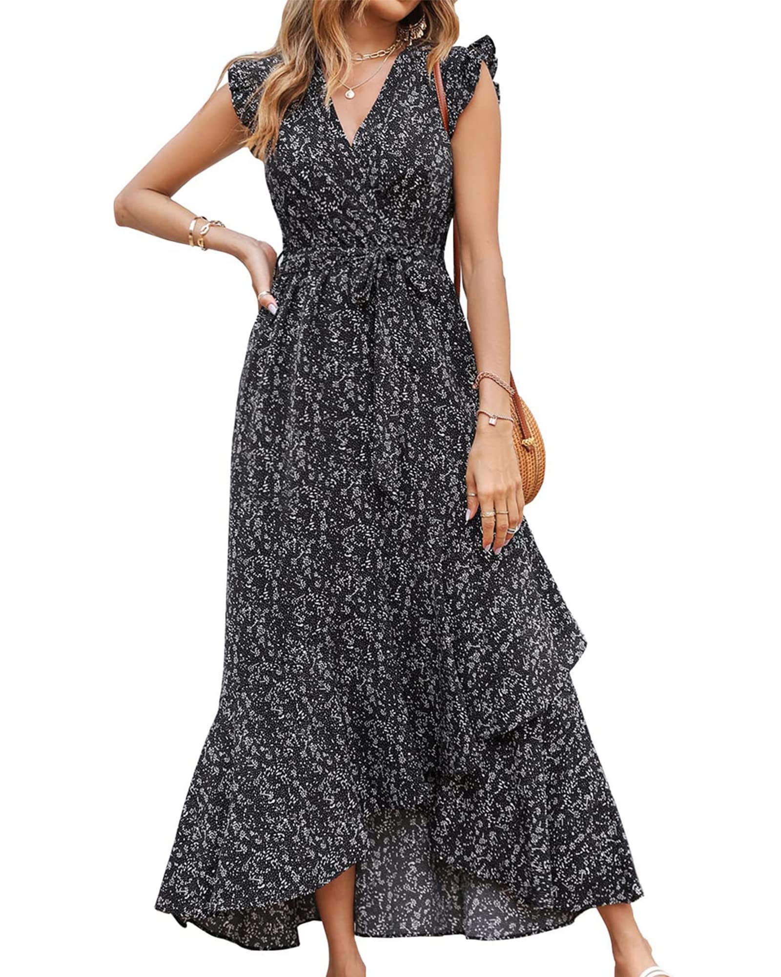 BTFBM Women's Floral Maxi Dress 2025 - V-Neck Ruffle Sleeve Wrap Dress with Belt for Spring Summer Beach Vacations, Weddings & Special Occasions