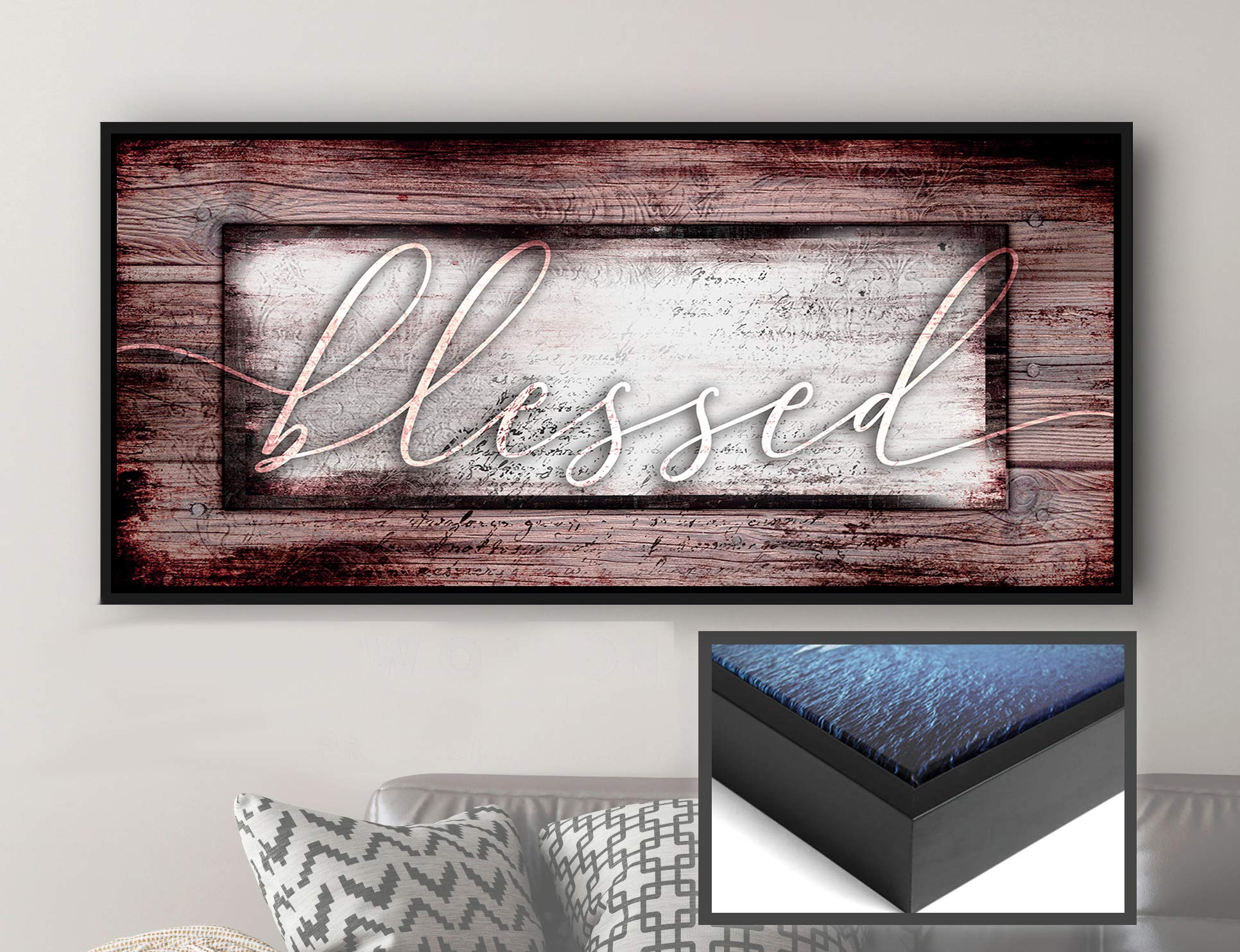Blessed Sign Religious Wall Decor - Christian Framed Canvas Art for Living Room - Large Wine Red & Black Floating Frame 42x19 - Perfect for Home, Church & Office Decorations