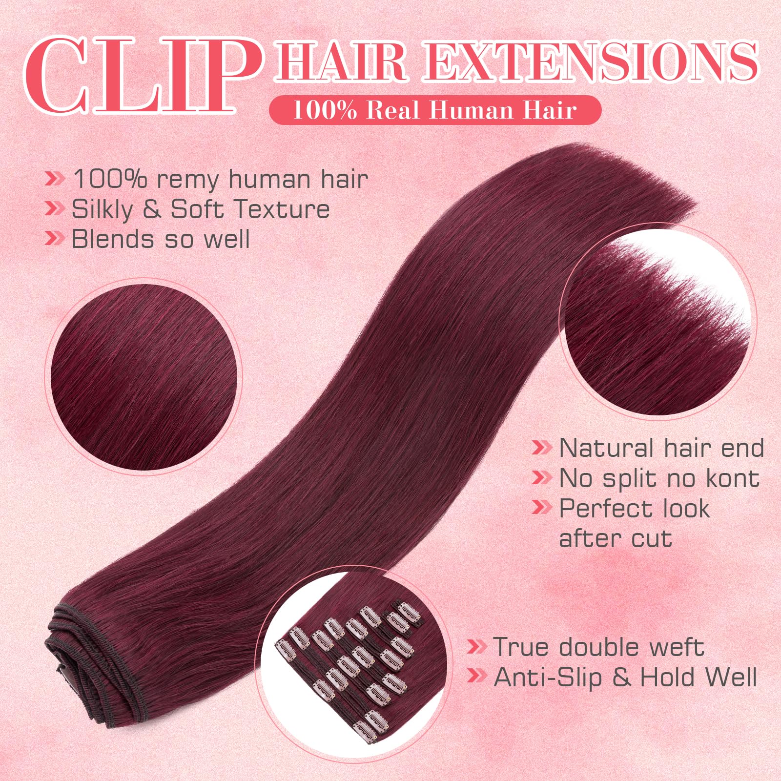 22 Inch Burgundy Clip in Hair Extensions - 100% Remy Human Hair, Double Weft 8PCS Set (160g) #99J Wine Red for Women | Perfect for Parties, Weddings & Daily Styling