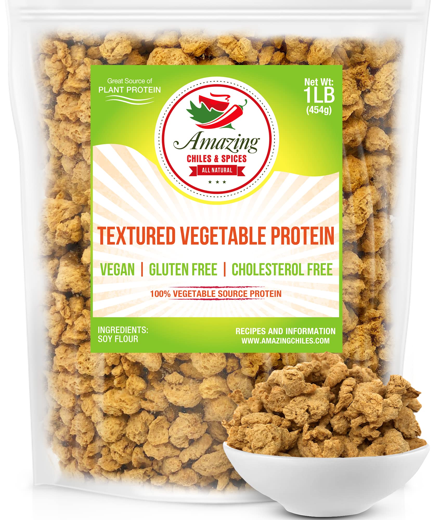 Amazing Chiles Textured Vegetable Protein (TVP) - 1 lb Unflavored Vegan Protein Chunks | Non-GMO, Gluten Free, Cholesterol Free Plant Based Meat Substitute | Perfect for Vegan Tacos, Chili & Meatless Recipes