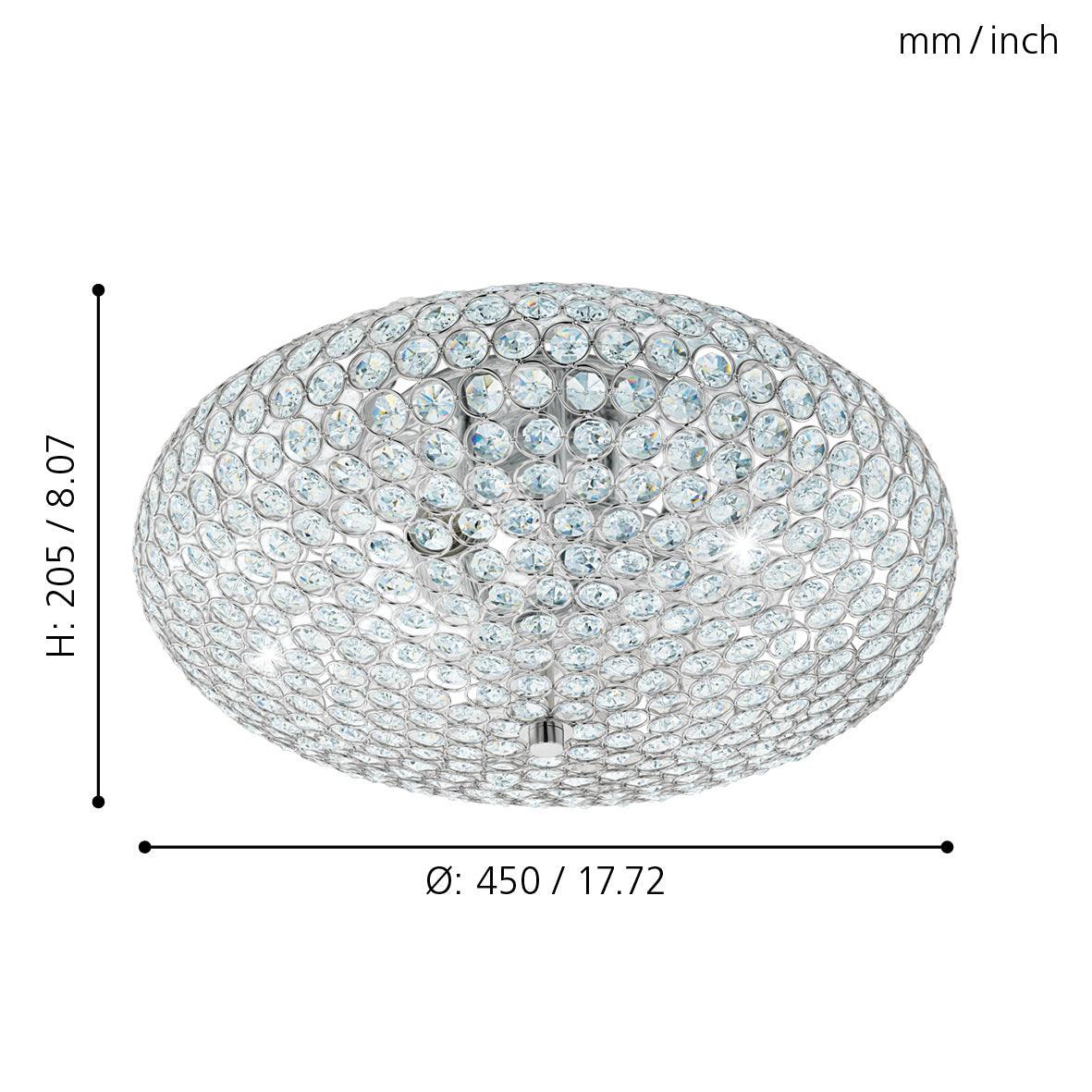 Eglo Clemente Modern Ceiling Light Fixture - 45cm Chrome Finish with Clear Glass Crystals - Perfect for Bedroom, Living Room & Dining Room Lighting