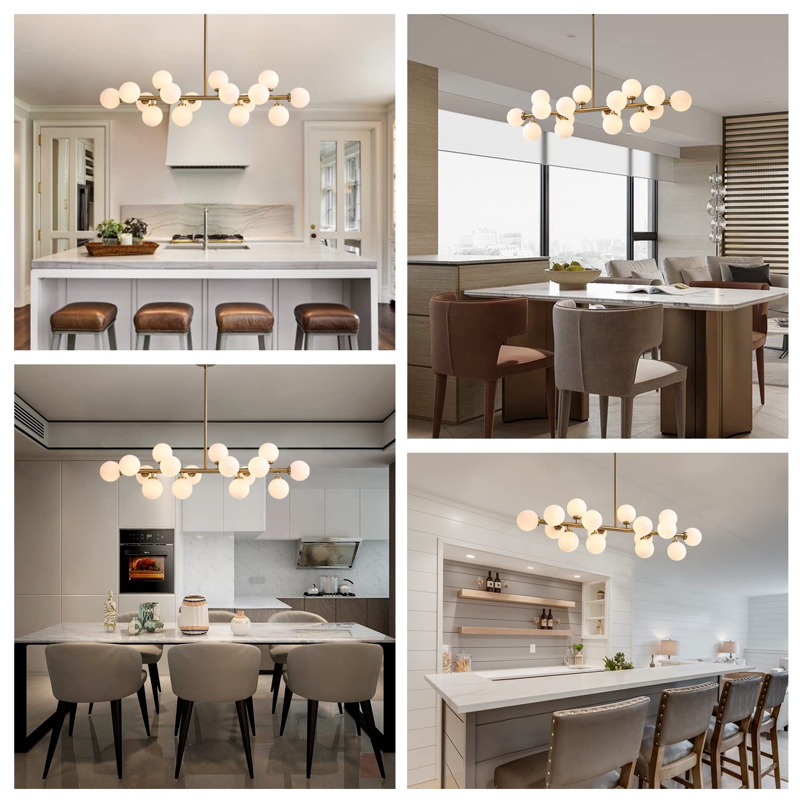 Modern Gold Rectangle Chandelier Pendant Light Fixture for Kitchen Island, Dining Room & Over Table - Milky White Lampshade | Elegant Ceiling Lighting for Home & Restaurant Decor