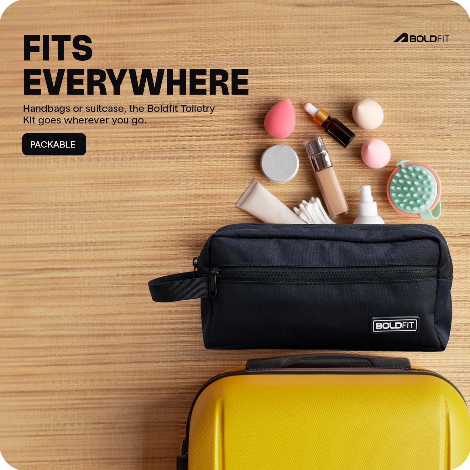 Boldfit Polyester Travel Toiletry Bag for Men & Women - Waterproof Makeup Pouch & Essential Organizer (18cm Width, Black) - Perfect for Gym, Camping & Business Trips