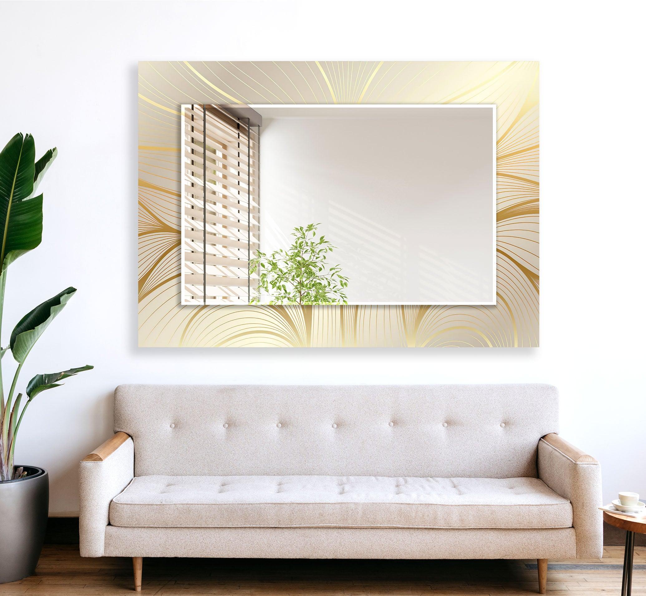 Elegant Beige Wall Mirror with Golden Leaves Design - Perfect for Living Room, Bedroom, and Entryway Decor