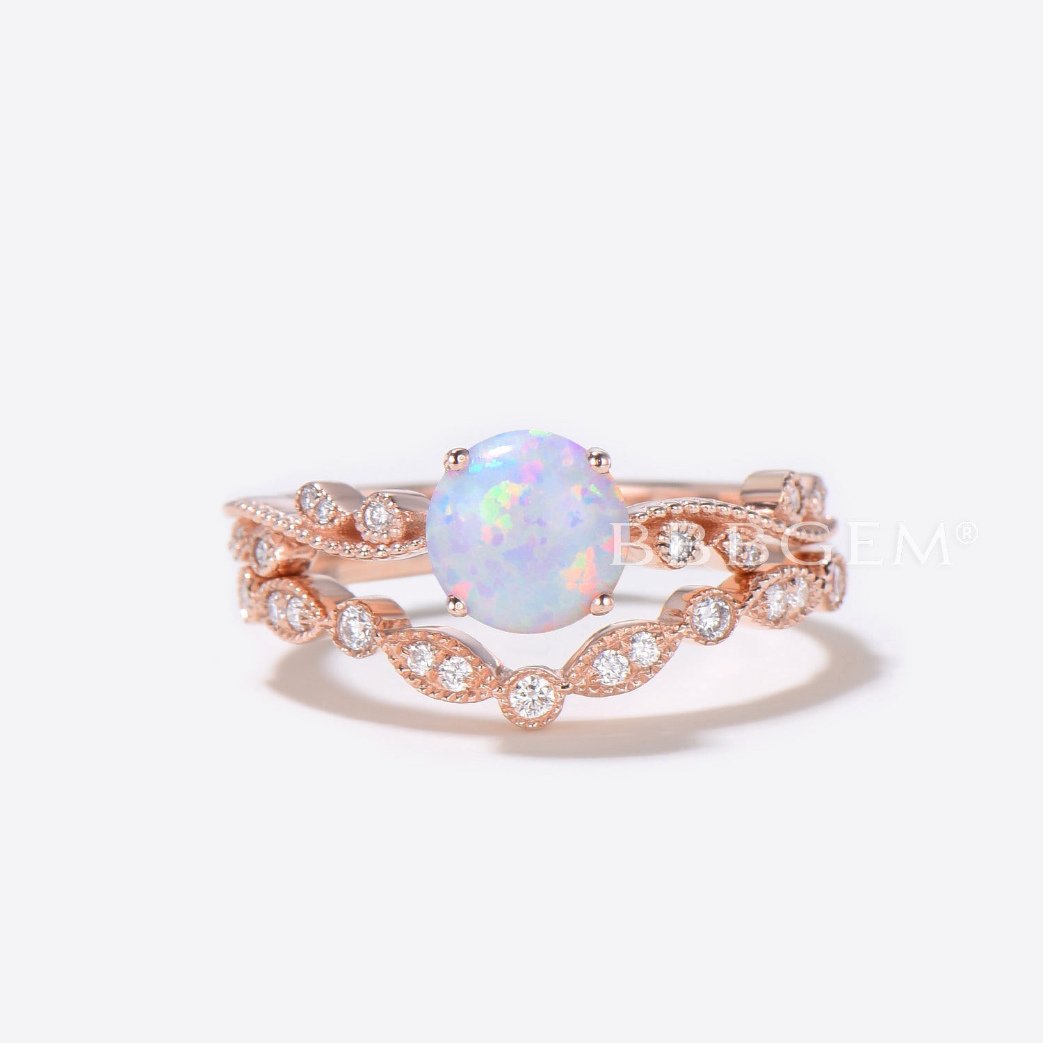 Vintage Floral Opal Solitaire Diamond Engagement Ring & Wedding Band Set in Rose Gold – Perfect for Bridal, Anniversary, and Romantic Occasions
