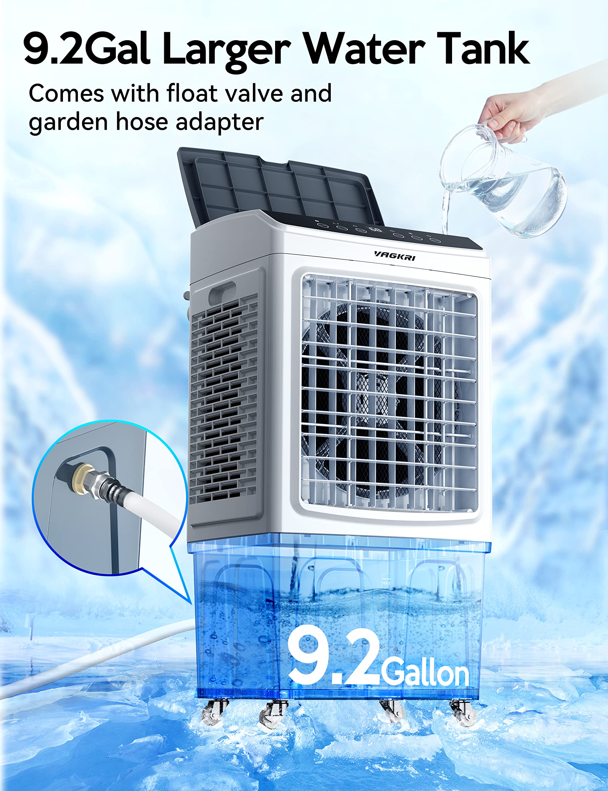VAGKRI 2200CFM Evaporative Air Cooler with Remote Control - 120° Oscillation, 24H Timer, 3 Speed Modes - 9.2 Gallon Water Tank for Indoor & Outdoor Cooling - Perfect for Home, Office, Patio, and Garage Use