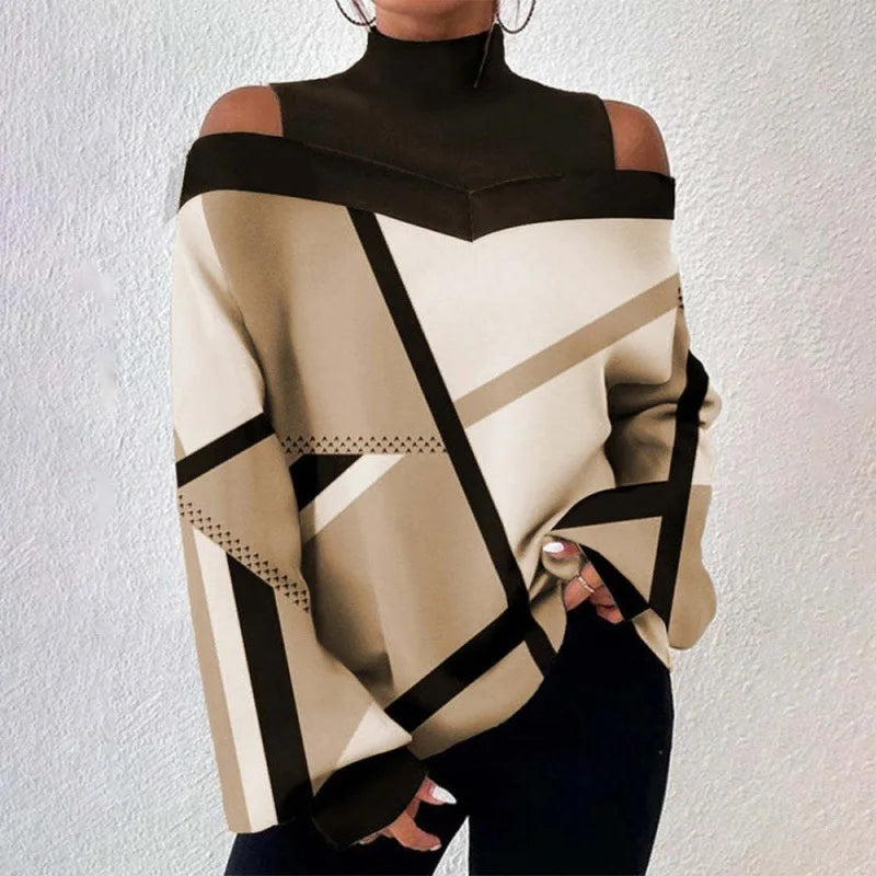 2024 Women's Long Sleeve Turtleneck Tops - Sexy Off Shoulder Hollow Out Loose Print T-Shirt | Autumn Fashion Casual Wear for Date Night, Office & Weekend Outfits
