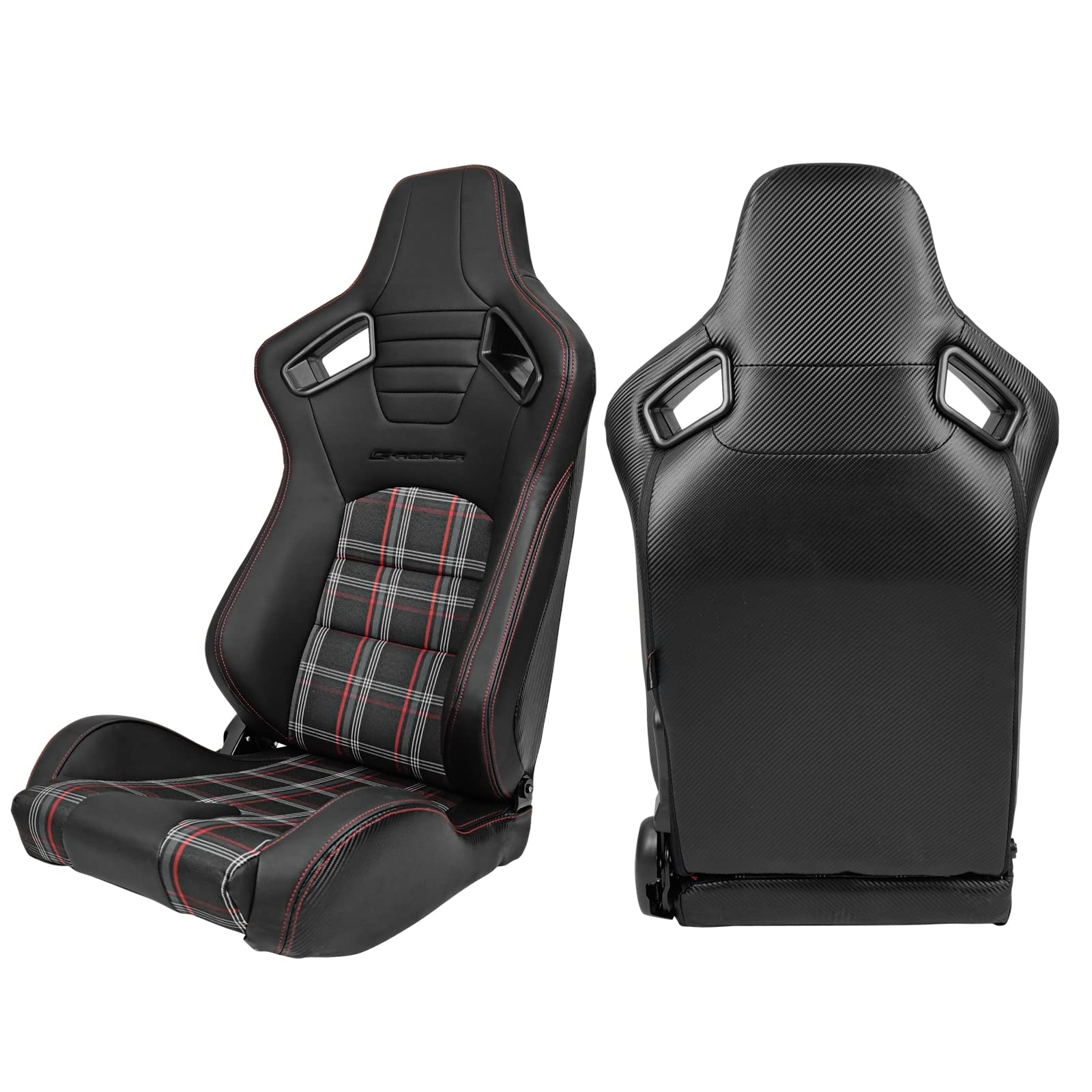 FREEMOTOR802 Universal Racing Seats - Reclinable Sport Seats with Dual Lock Sliders, Adjustable Bucket Seats (Driver & Passenger) - PU Leather + Plaid Fabric + Carbon Fiber - Black & Red Plaid - Perfect for Car Racing, Drifting & Street Performance