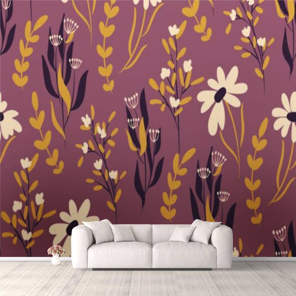 Modern Floral Meadow 3D Wallpaper - Purple Seamless Daisies & Leaves Self-Adhesive Wall Mural | Peel and Stick Wall Decor for Bedroom, Living Room, Dorm, Wardrobe & Ceiling | Easy Home Renovation & Interior Design Upgrade