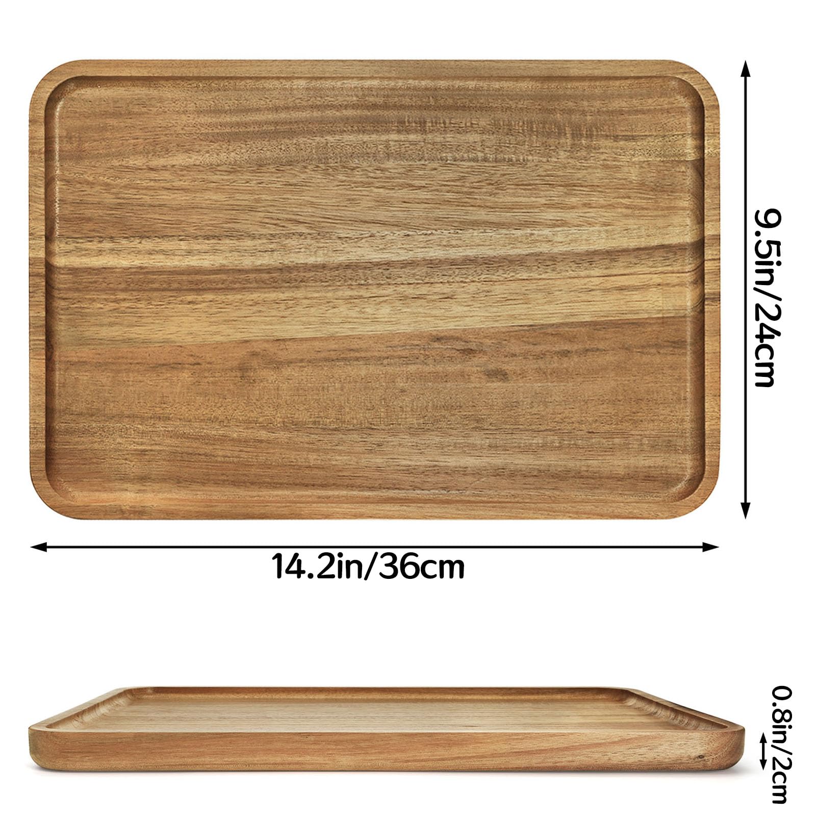 YOUEON Set of 2 Acacia Wood Serving Trays with Raised Edge - 14.2 x 9.5 Inch Rectangular Wooden Plates for Appetizers, Cheese, Sandwiches, Desserts, Coffee, Fruits & Cookies - Perfect for Entertaining, Kitchen Serving, Party Snacks & Coffee Table Decor