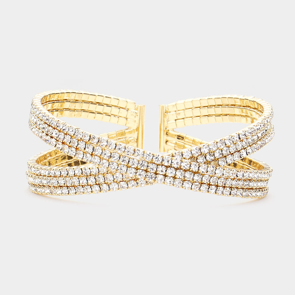Elegant Clear Rhinestone Embellished Crisscross Cuff Bracelet in Gold - Perfect for Pageants, Prom, Weddings & Special Occasions | 508012