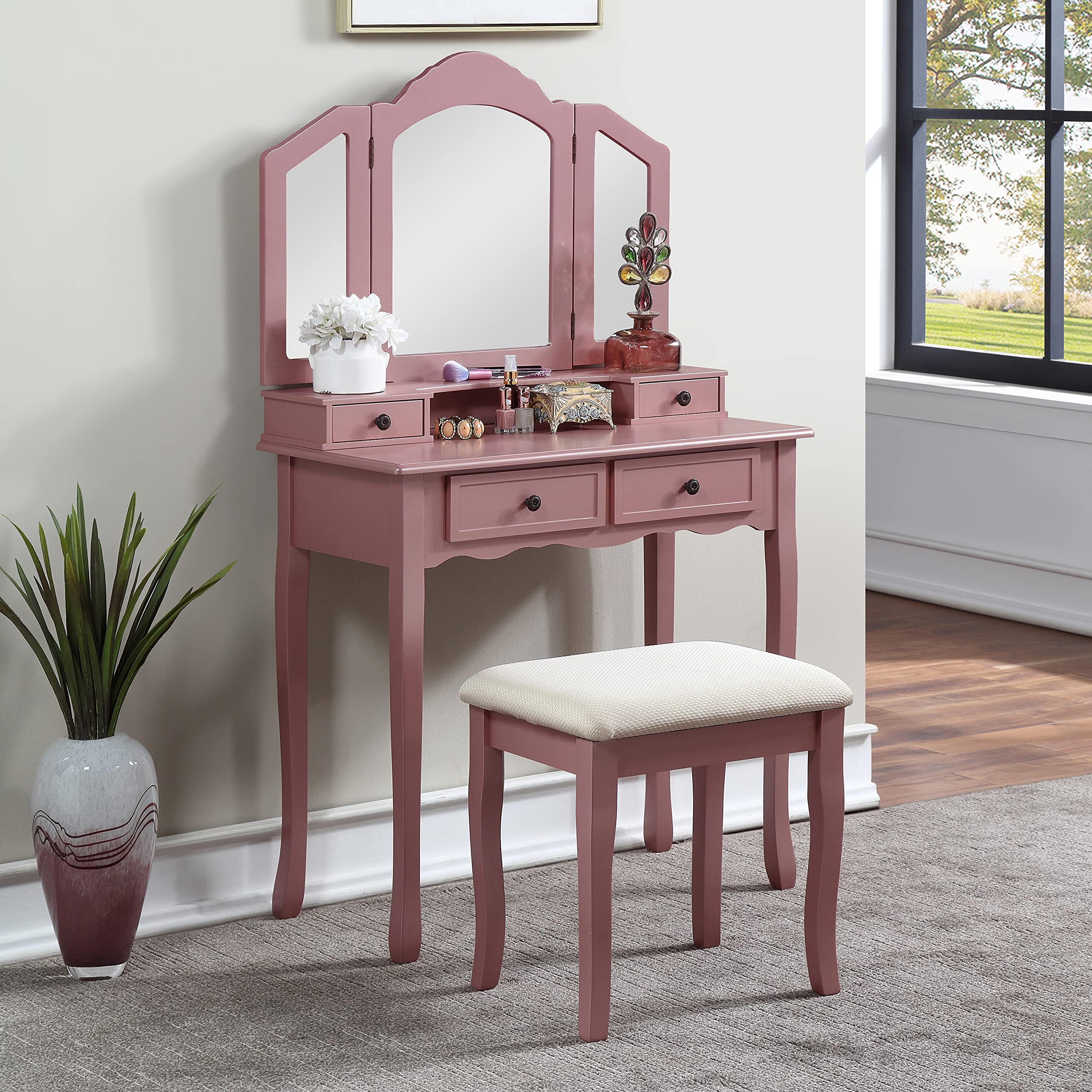 Sophia Makeup Vanity Set with Tri-Folding Mirrors & Cushioned Stool - Rose Gold Beauty Dressing Table for Bedroom, Perfect for Makeup Application, Skincare Routine & Home Decor