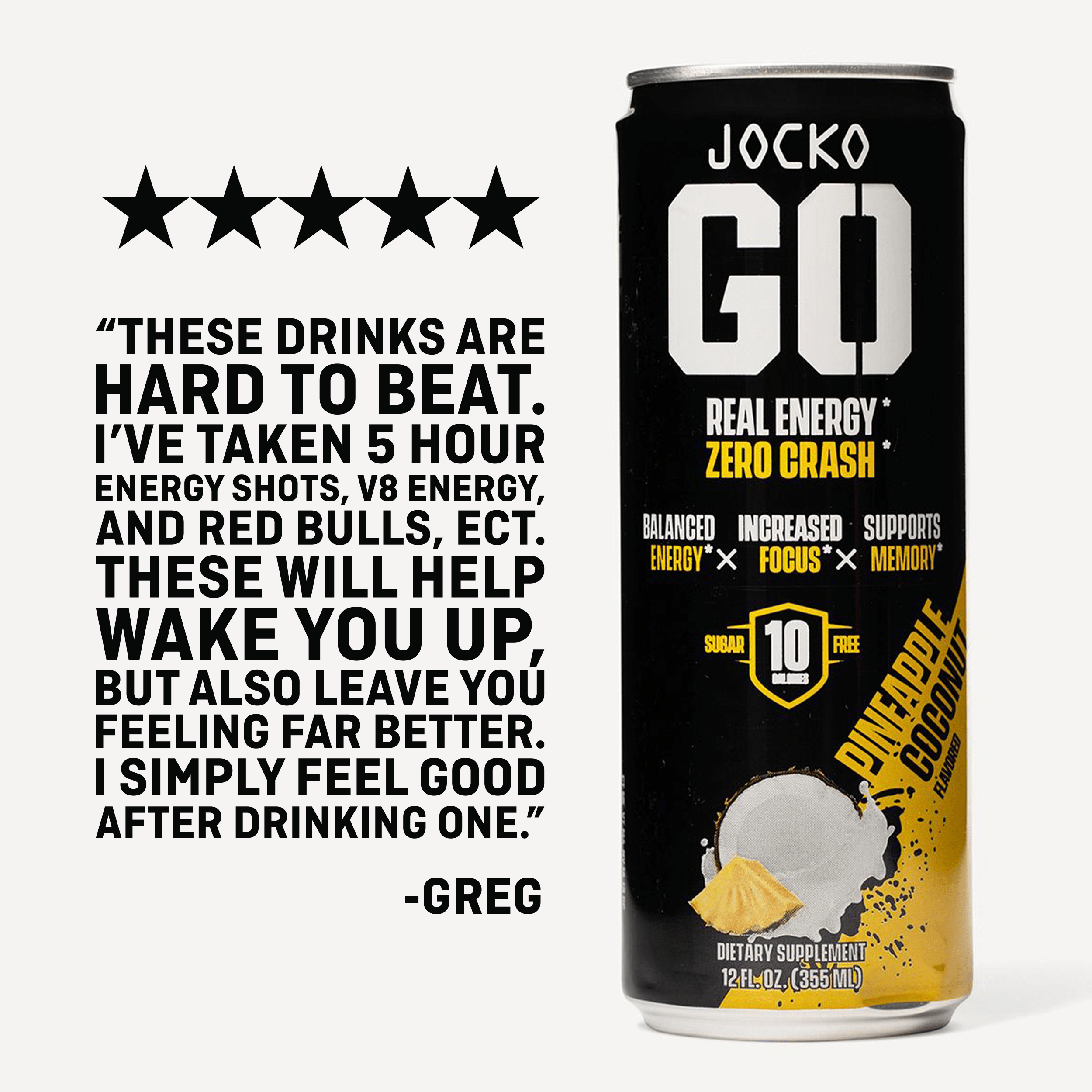 JOCKO GO Energy Drink - 12 Pack | Sugar-Free Pre Workout & Post Workout Supplement | Boost Energy & Focus for Gym, Running & Fitness