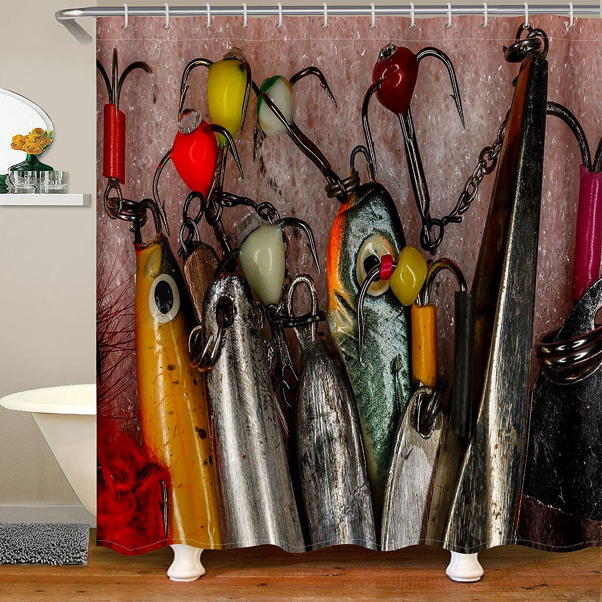 Feelyou Vintage Fishing Themed Shower Curtain - Colorful Bait Pattern Rustic Boards Fabric Bathroom Decor (72