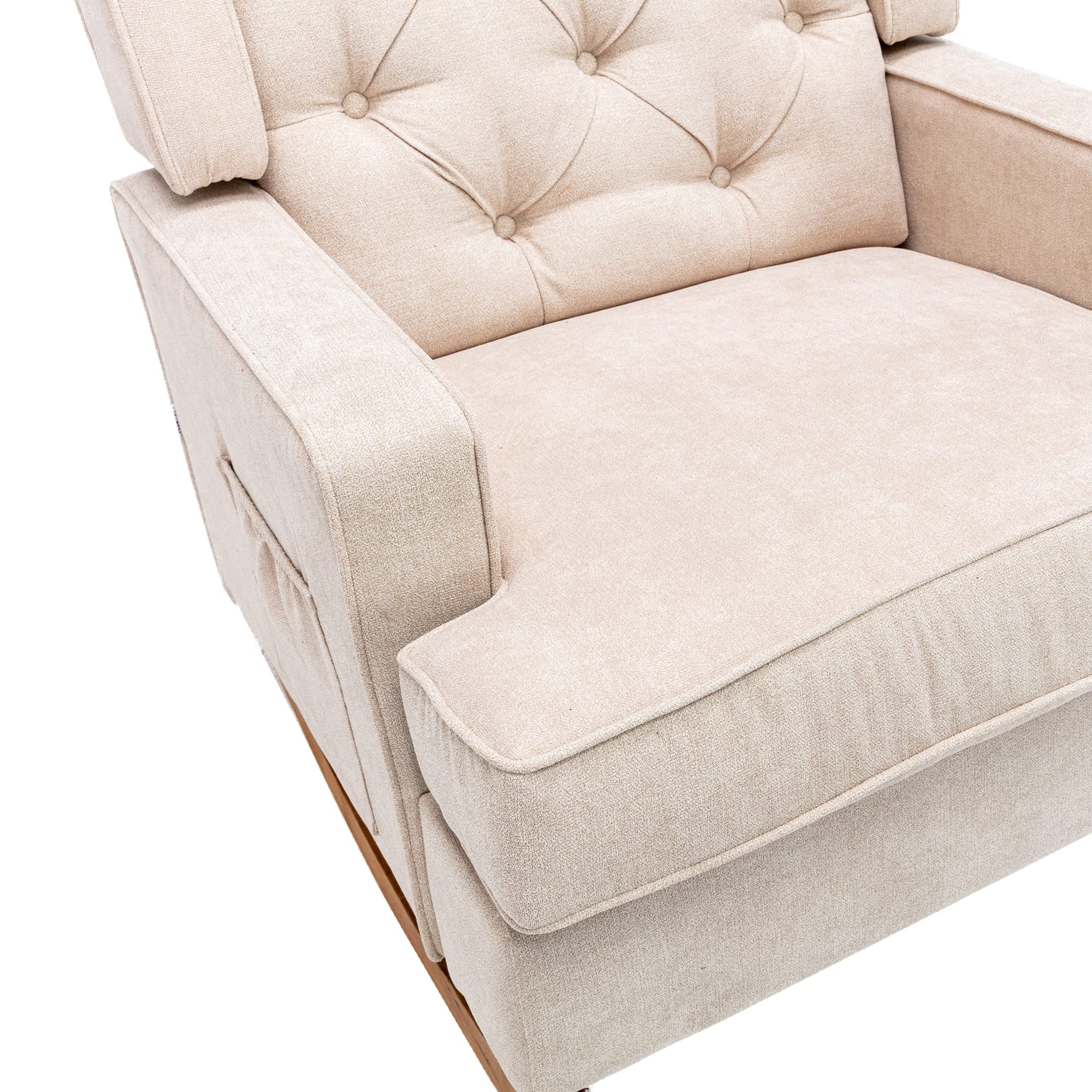 Mid-Century Modern Upholstered Solid Wood Rocking Chair - Comfortable Nursery Glider Rocker for Living Room, Bedroom, Study & Office - Beige Accent Lounge Chair - Perfect for Relaxing, Nursing & Reading