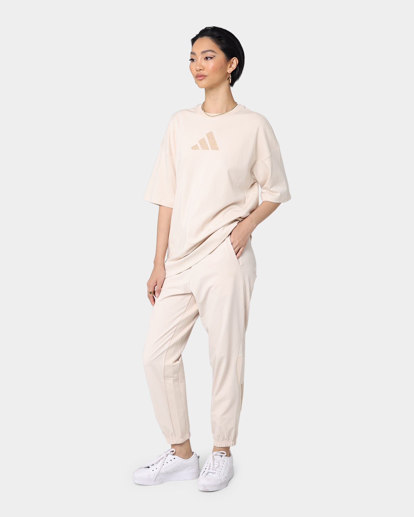 Adidas Women's Swarovski Crystal Embellished T-Shirt - Halo Ivory Cotton Tee for Casual Wear & Everyday Outfits