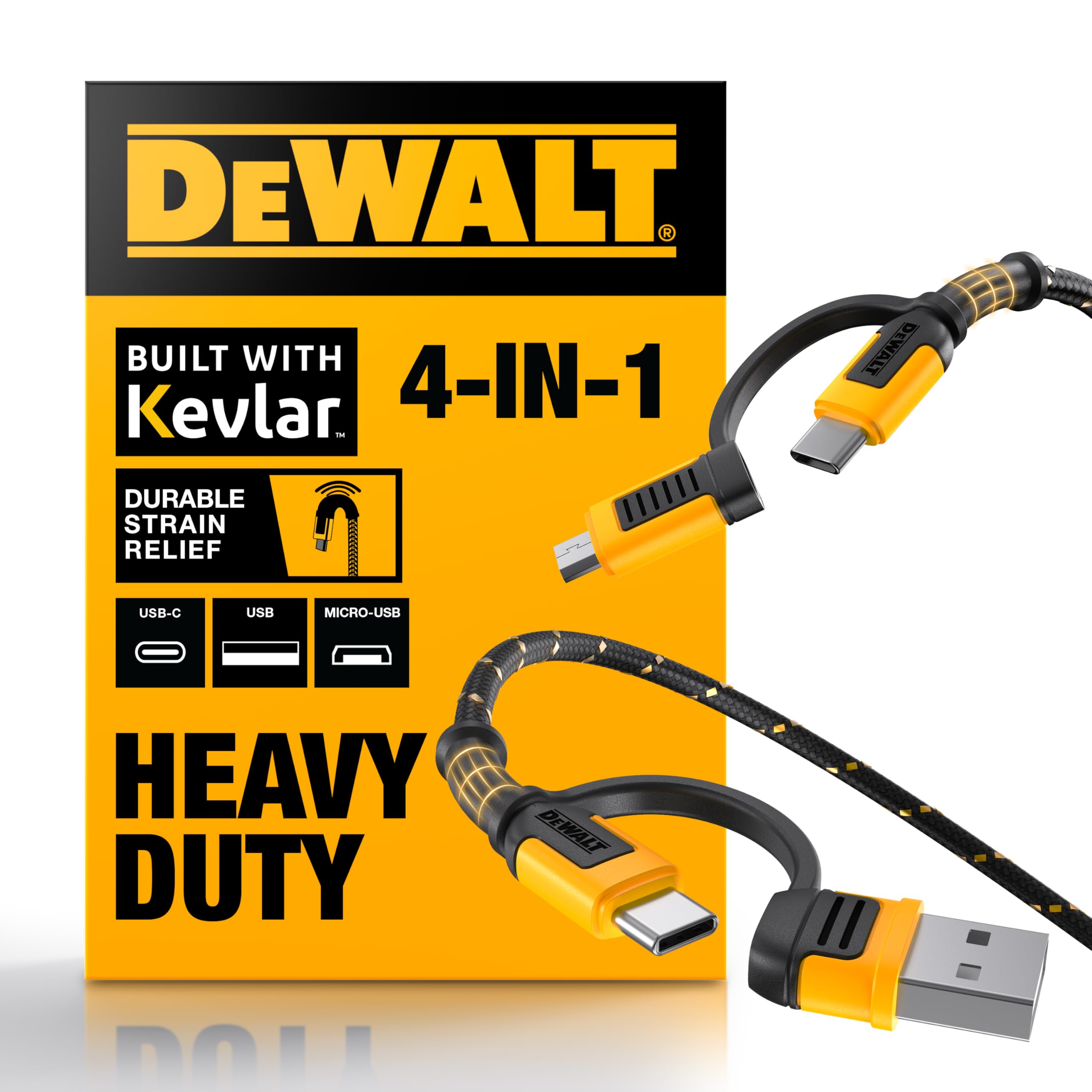 **DEWALT 4-in-1 Fast Charging Cable – USB C, Micro USB, Lightning – Compatible with iPhone 16, iPhone 15, iPad, Samsung Galaxy, Huawei, LG, Android Phones – 6ft Durable Black Charger for Home, Office & Travel**