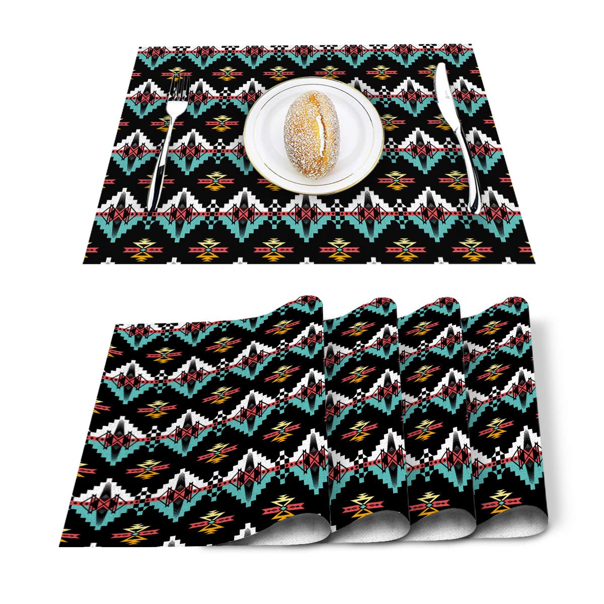 Premium Native American Table Mats Set of 6 - Non-Slip Linen Placemats with Aztec Geometric Patterns for Dining Table, Washable & Easy to Clean - Perfect for Thanksgiving, Christmas Dinner, and Ethnic Home Decor